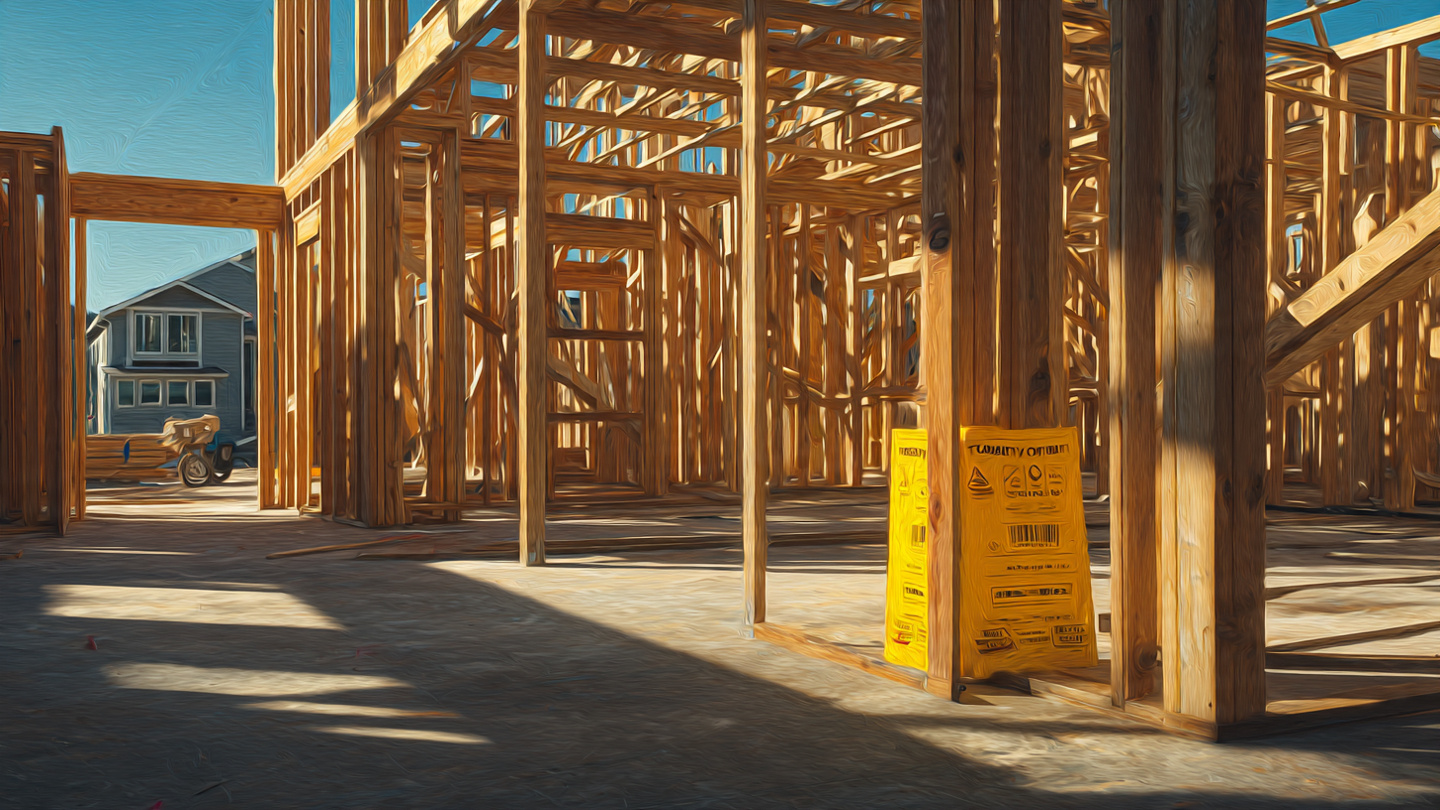 An empty residential construction site with framing complete, yellow inspection sticker on a support beam, nobody working, late afternoon light casting long shadows