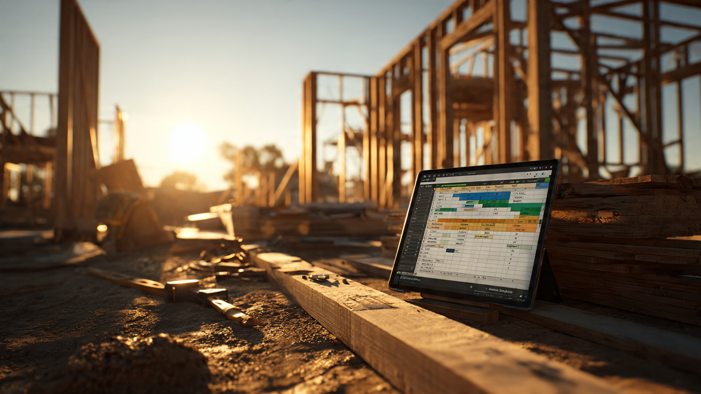 An empty residential construction site at golden hour, framed walls standing without workers, a digital scheduling Gantt chart displayed on a dusty tablet leaning against lumber stacks, the site quiet and still