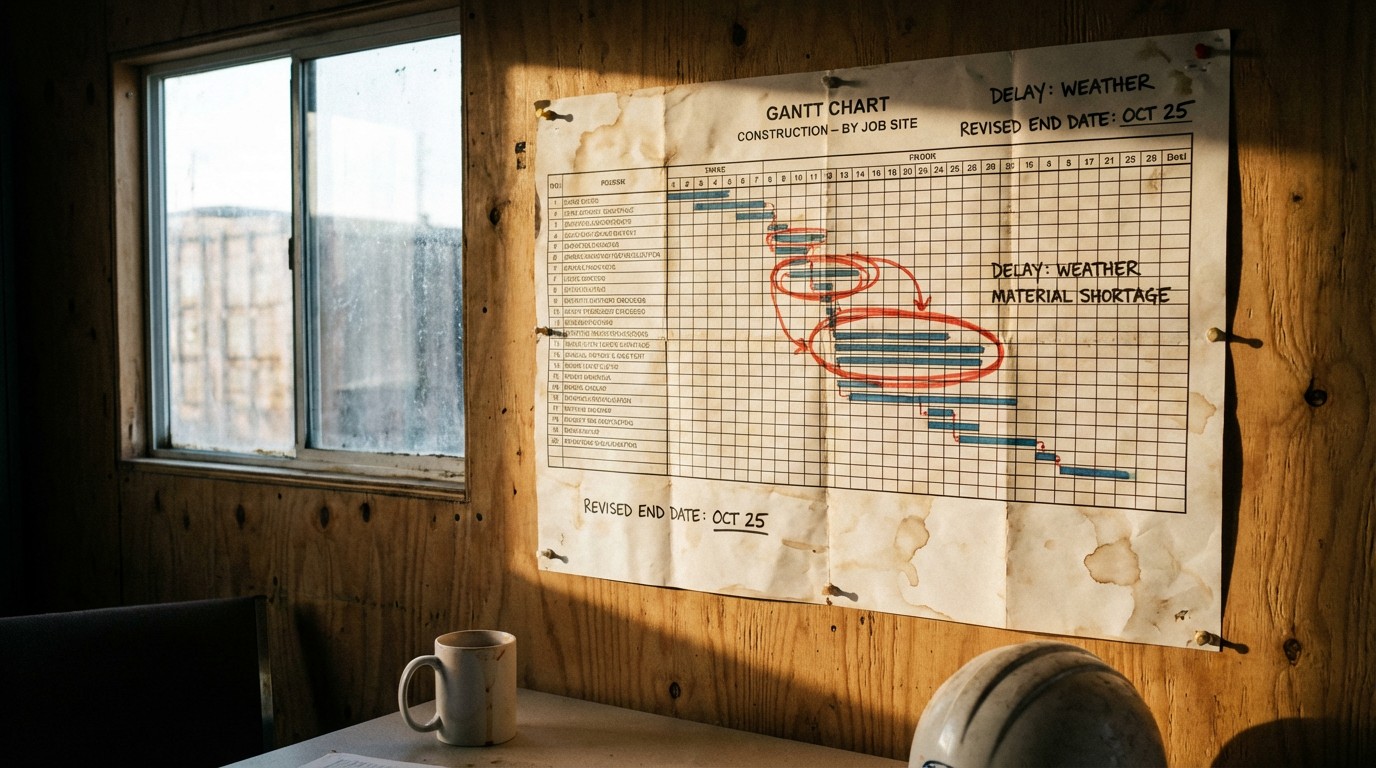 Construction project schedule pinned to a job site trailer wall with weather delay markups and subcontractor notes