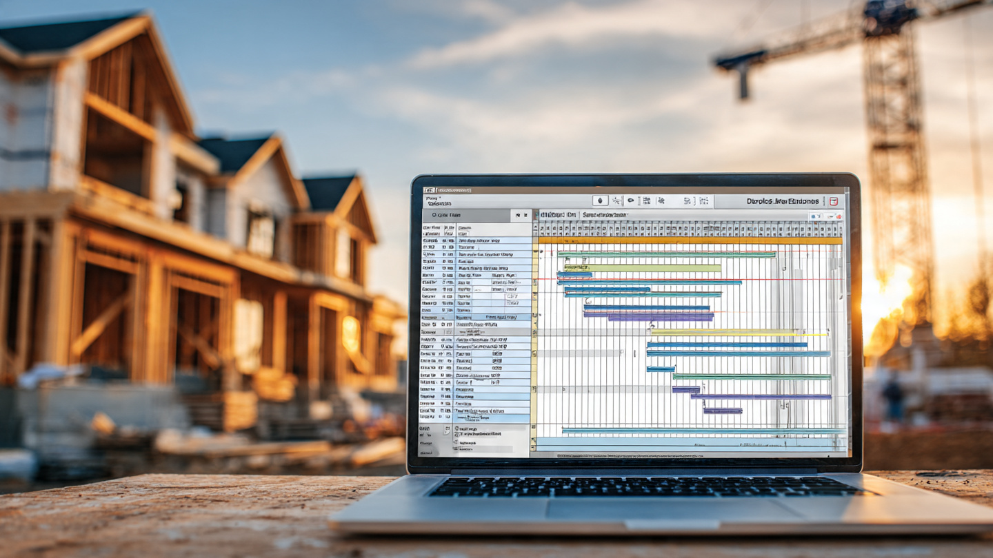 A construction superintendent studying a Gantt chart on a laptop inside a partially framed residential home, warm afternoon light through bare studs