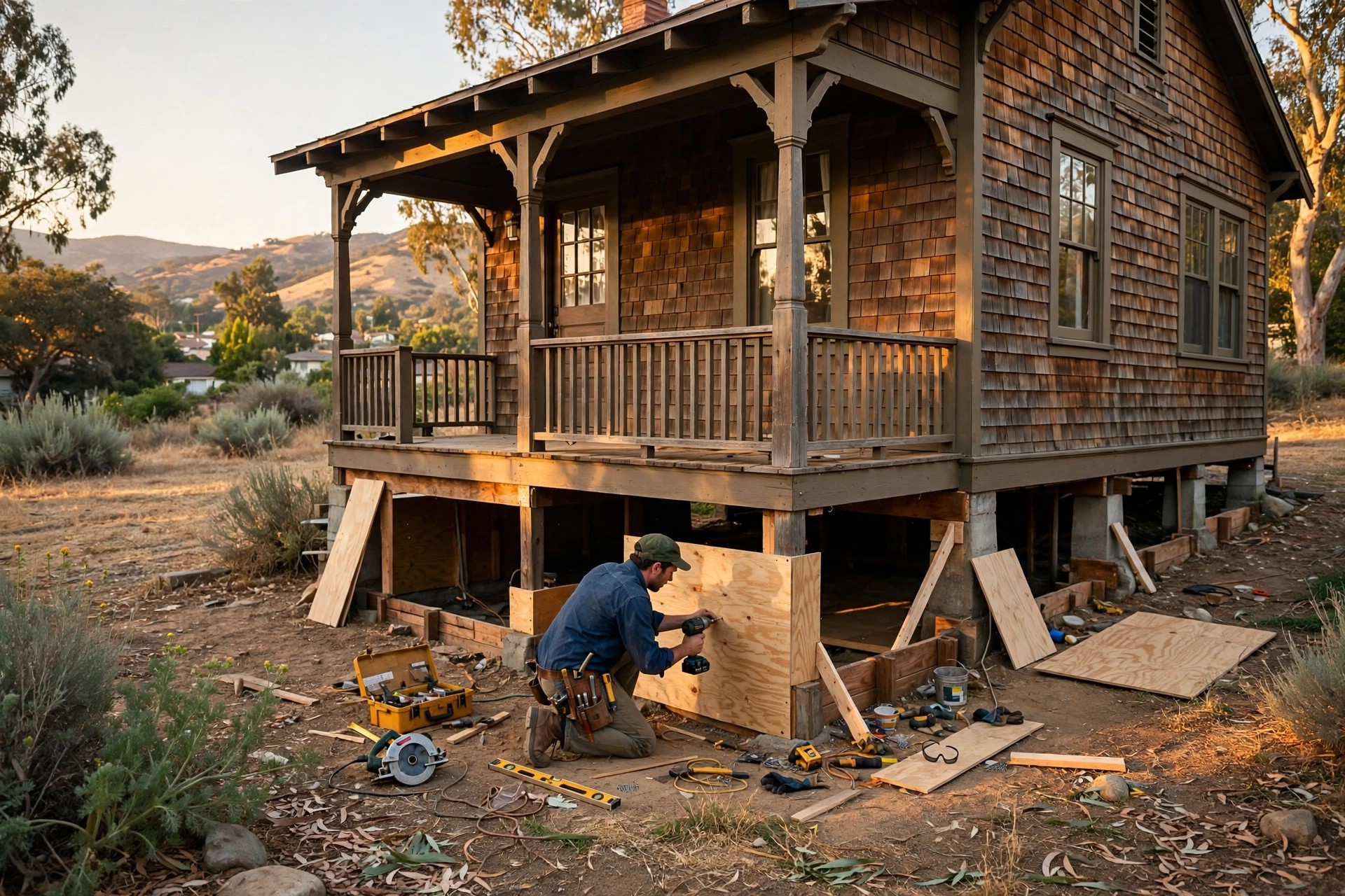 Contractor installing plywood bracing on cripple walls inside the open crawl space beneath a 1920s California craftsman bungalow, warm late-afternoon light
