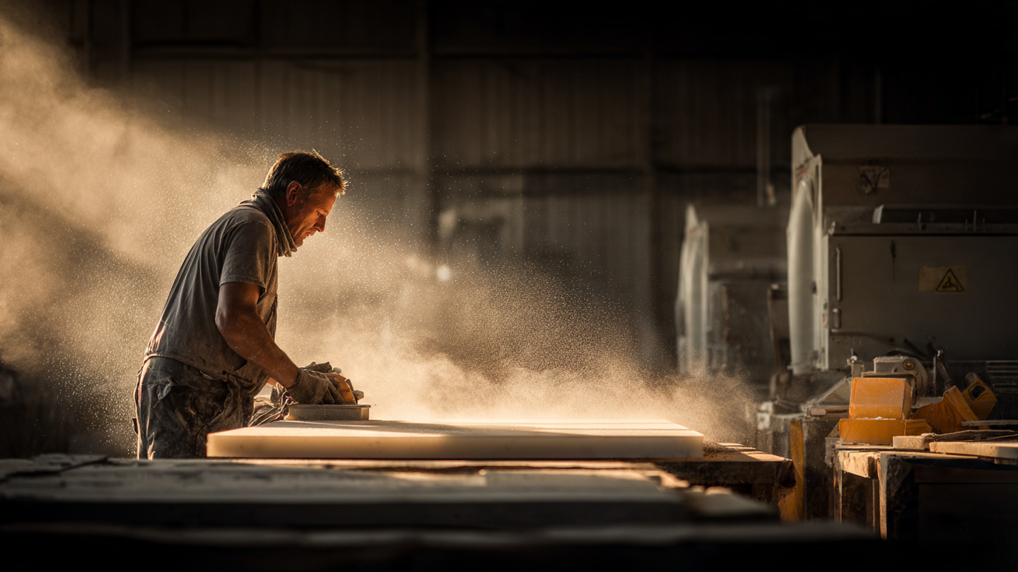 Worker cutting engineered stone countertop with visible dust cloud in a fabrication shop