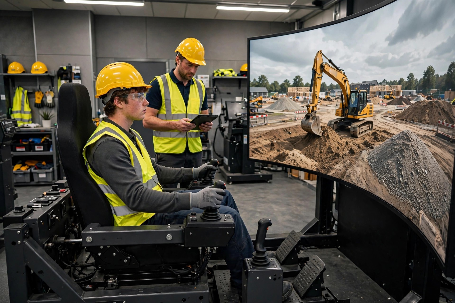 Apprentice in work boots practicing pipefitting in a VR training simulator while a supervisor watches, residential construction site visible in the background