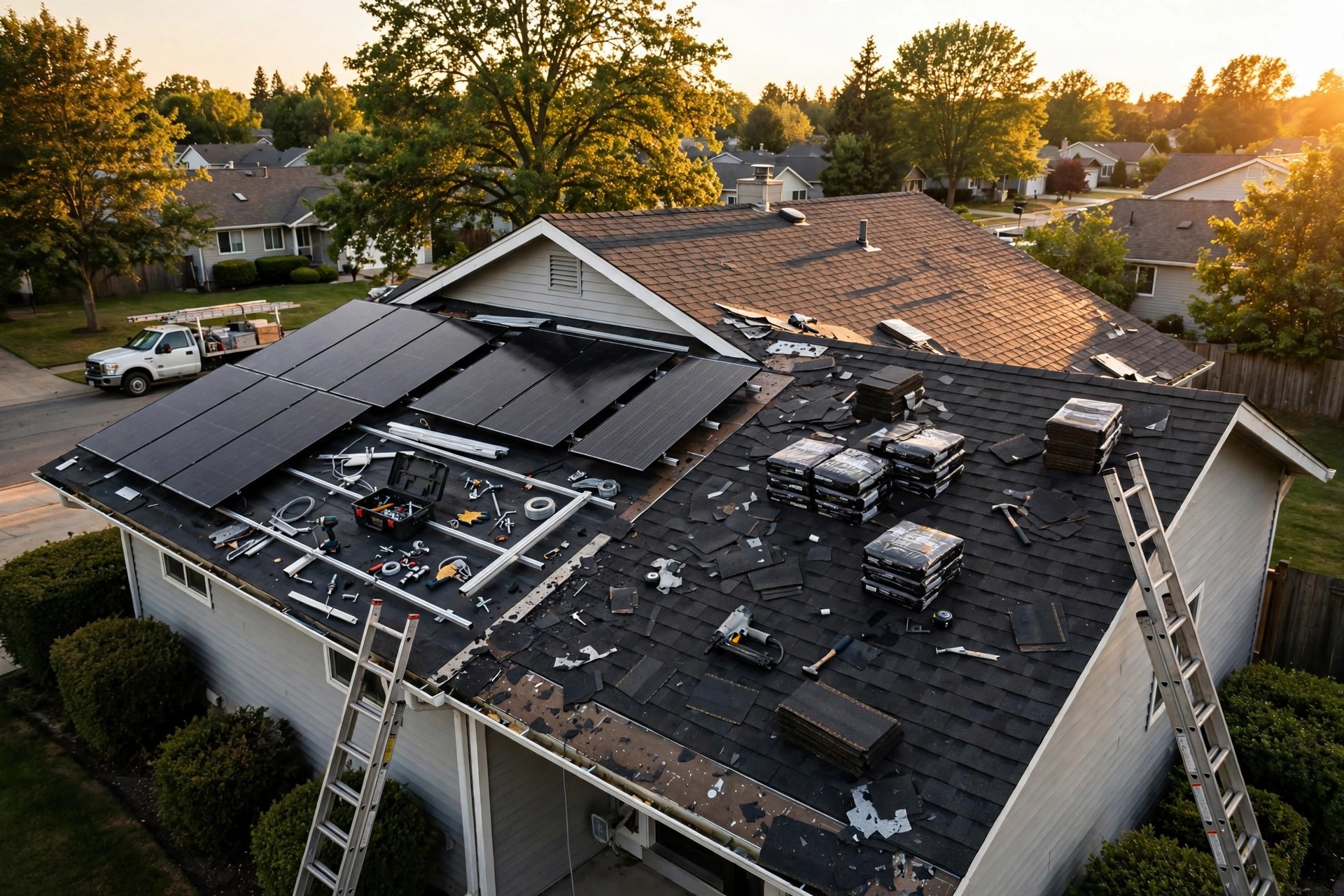 Rooftop solar panels being installed on a suburban home with a roofing crew working on fresh shingles below
