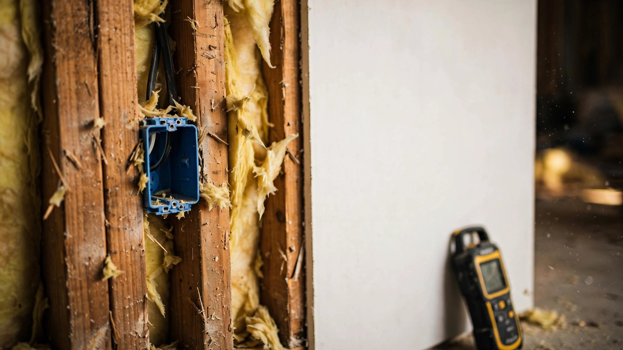 Interior wall of a modern townhome with visible stud framing and gaps between drywall layers, acoustic measurement equipment nearby