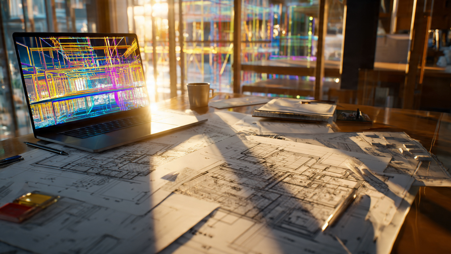 Architectural blueprints and structural calculations on a light table with a laptop showing 3D structural frame variations