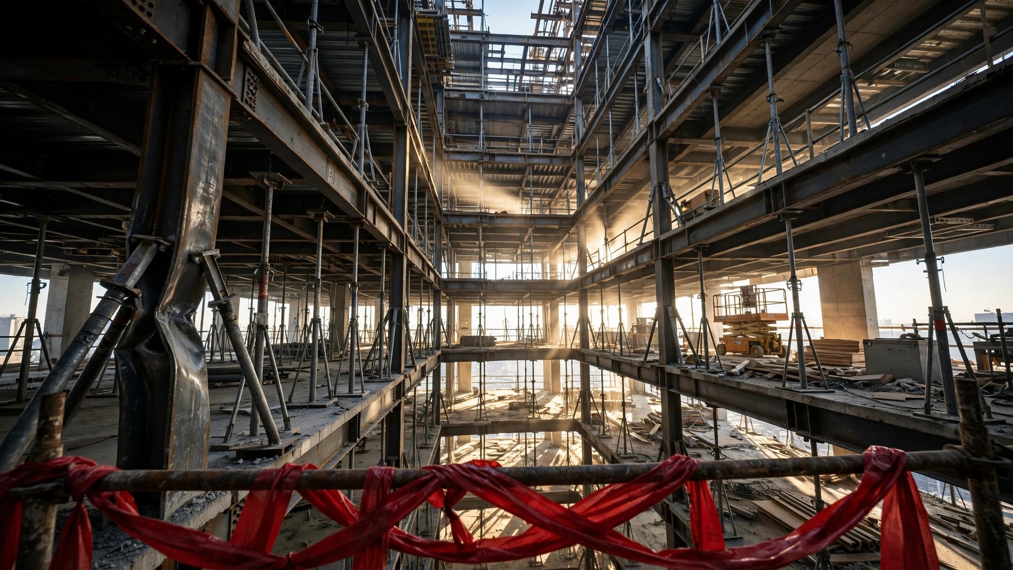 Steel columns inside a high-rise construction site with emergency shoring equipment