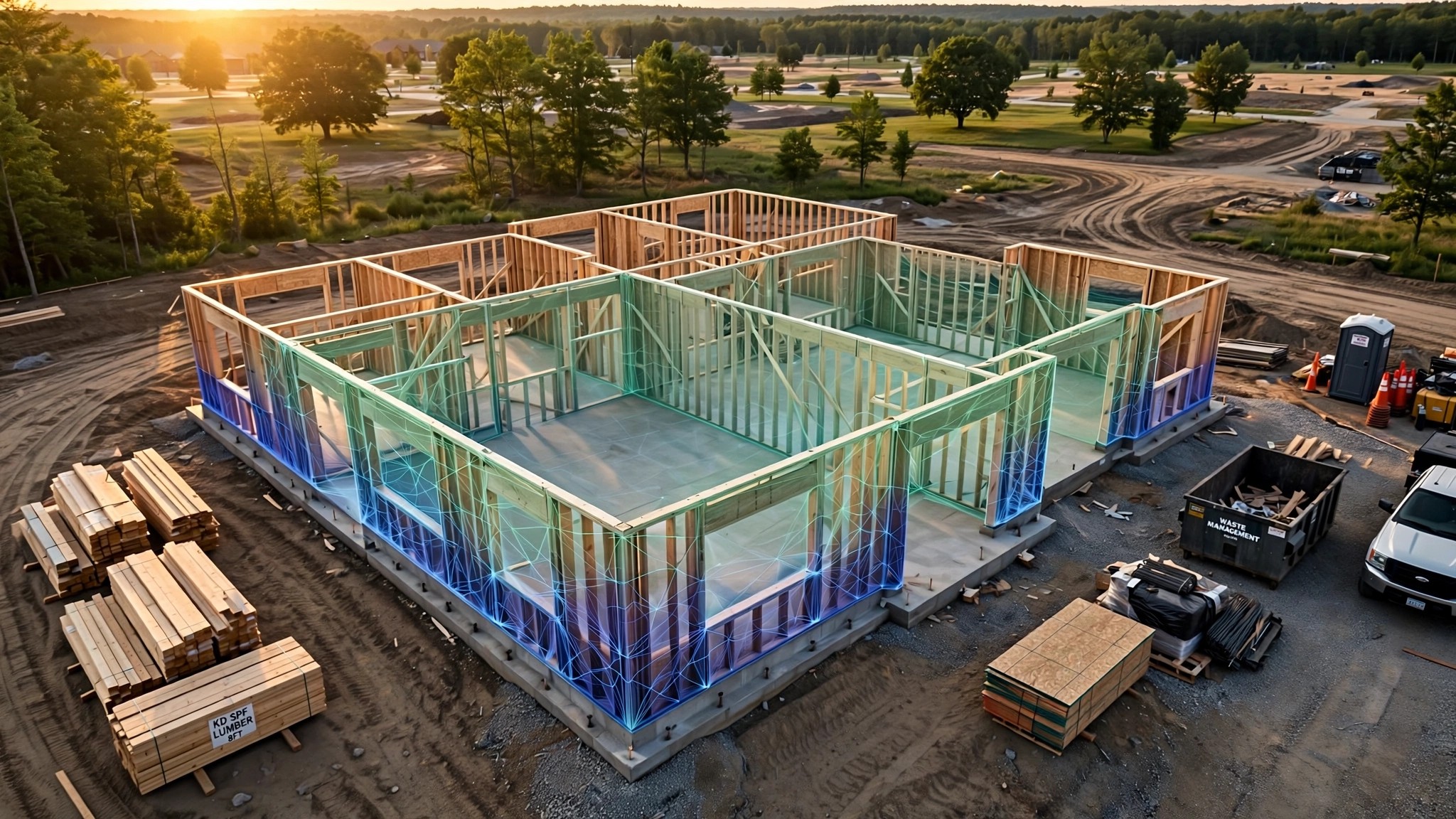 A partially framed residential home with overlaid computational mesh showing topology optimization material distribution in green and red gradients