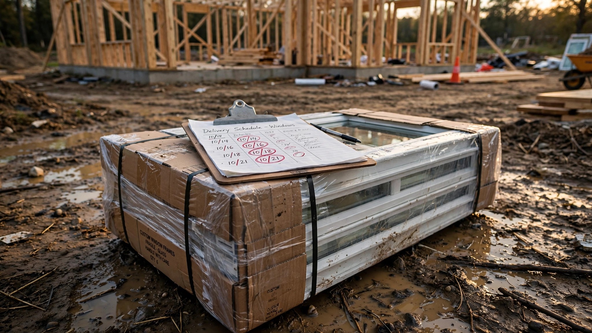 Stacks of wrapped windows sitting on a half-framed residential construction lot at golden hour, delivery truck pulling away in the background