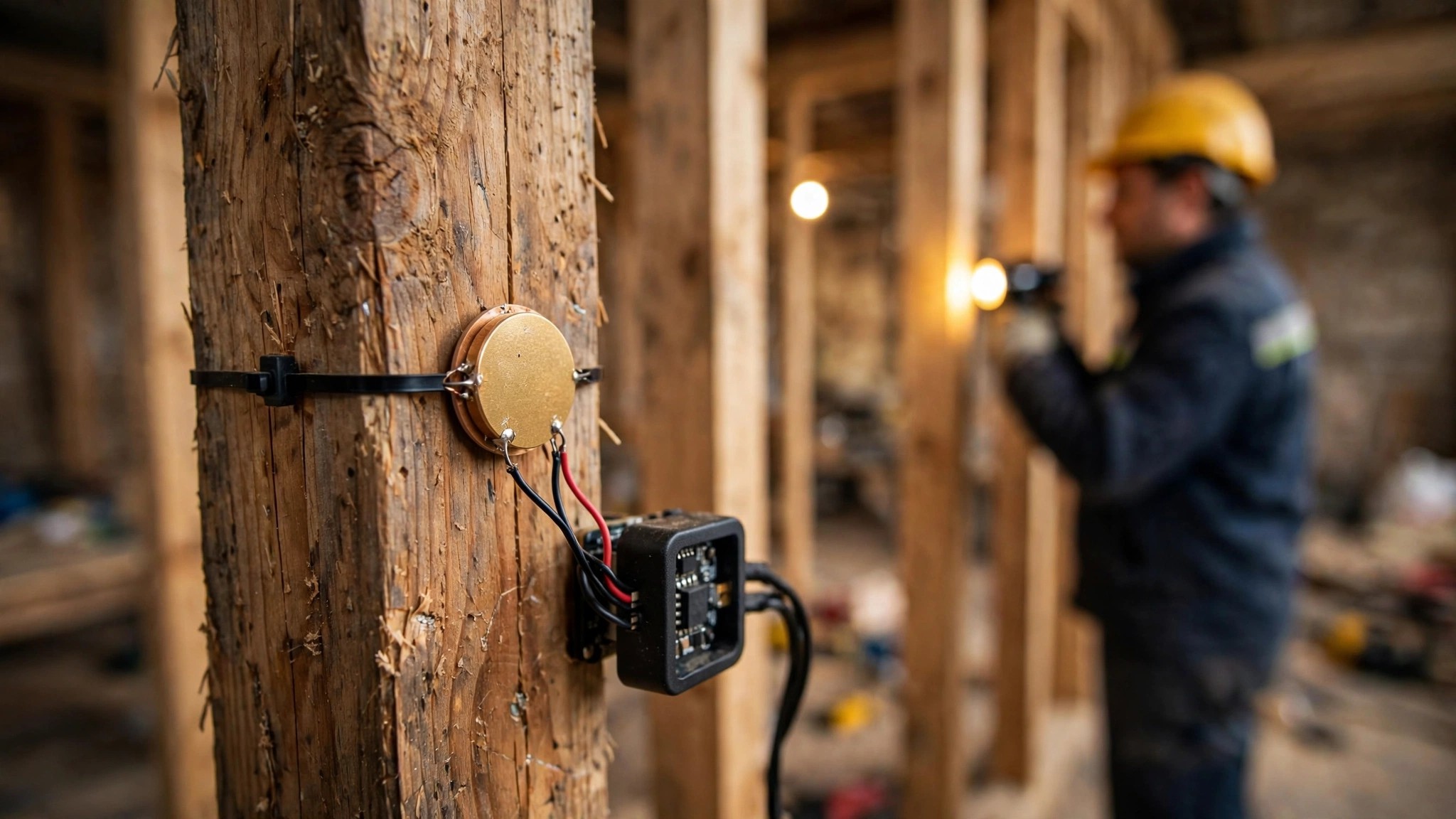 Acoustic sensor attached to a wood stud in a residential wall cavity, with a waveform display showing termite feeding activity patterns