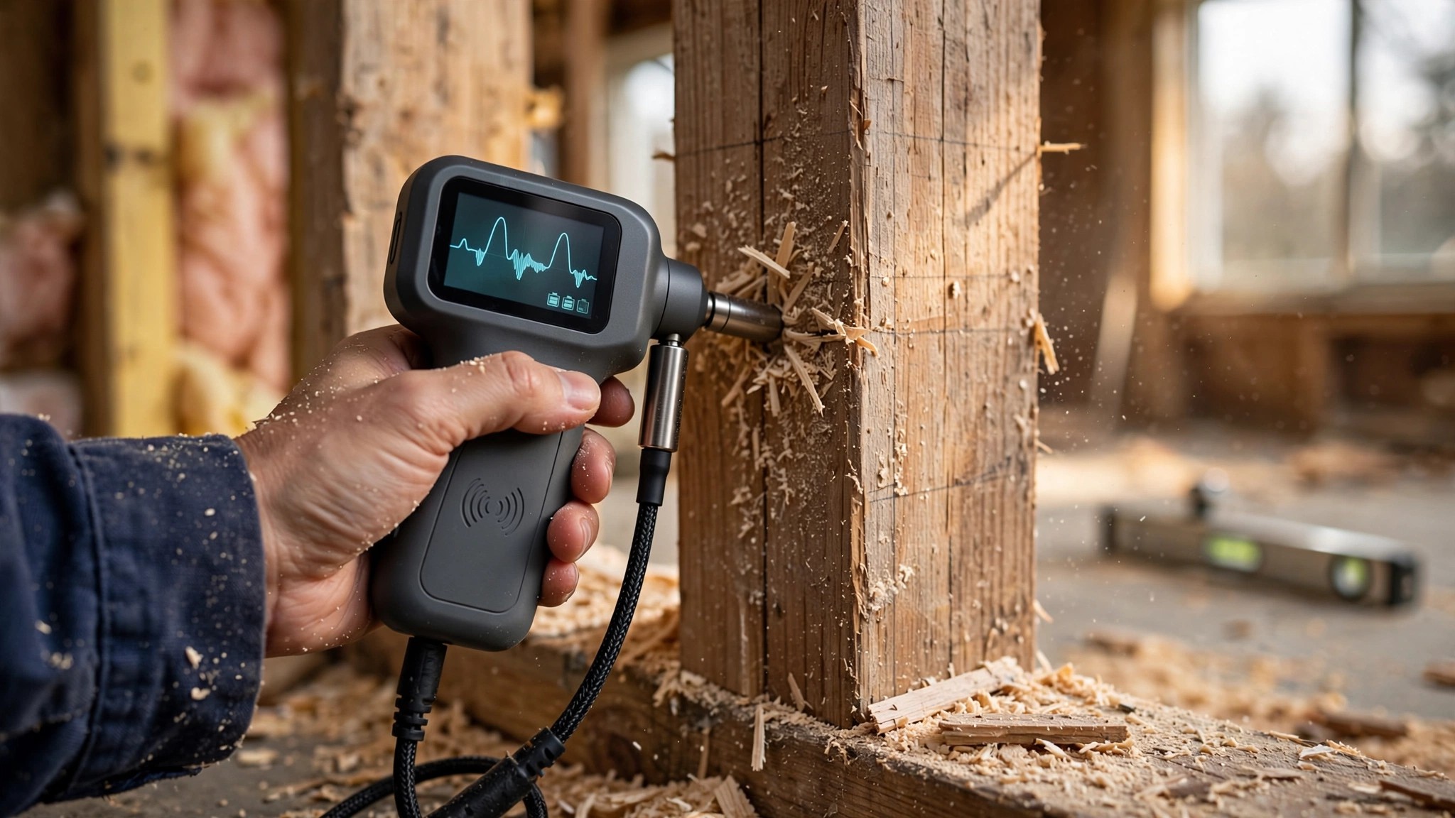 Close-up of a professional pest inspector placing acoustic emission sensors on the wooden framing of a residential home under construction, with digital readout equipment visible