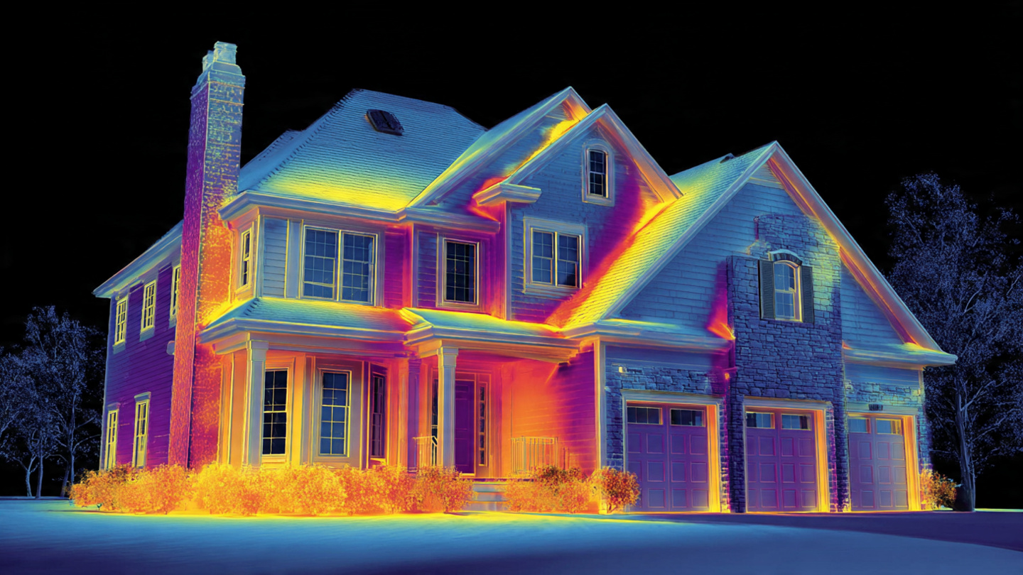 Thermal infrared image of a residential home exterior showing heat signatures escaping through windows, wall junctions, and roof eaves in vivid false-color gradients