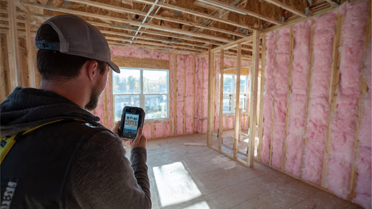 Interior of a new construction home with exposed wall studs and pink fiberglass batt insulation, a contractor holding a smartphone with a FLIR thermal camera attachment pointed at the wall cavity, warm afternoon light through framed window openings