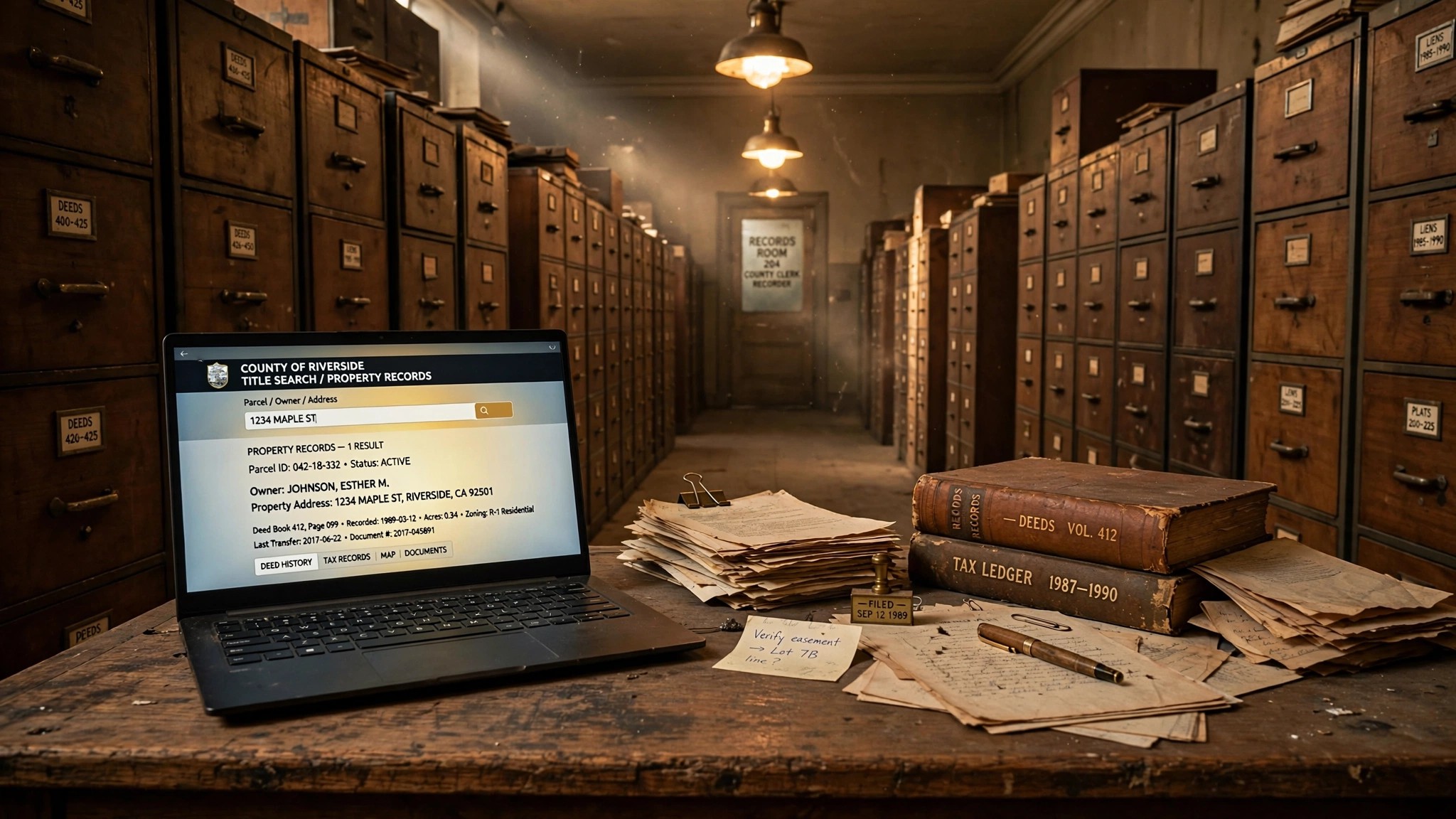 An old county courthouse records room with rows of filing cabinets and a modern laptop open on a desk showing a digital title search interface