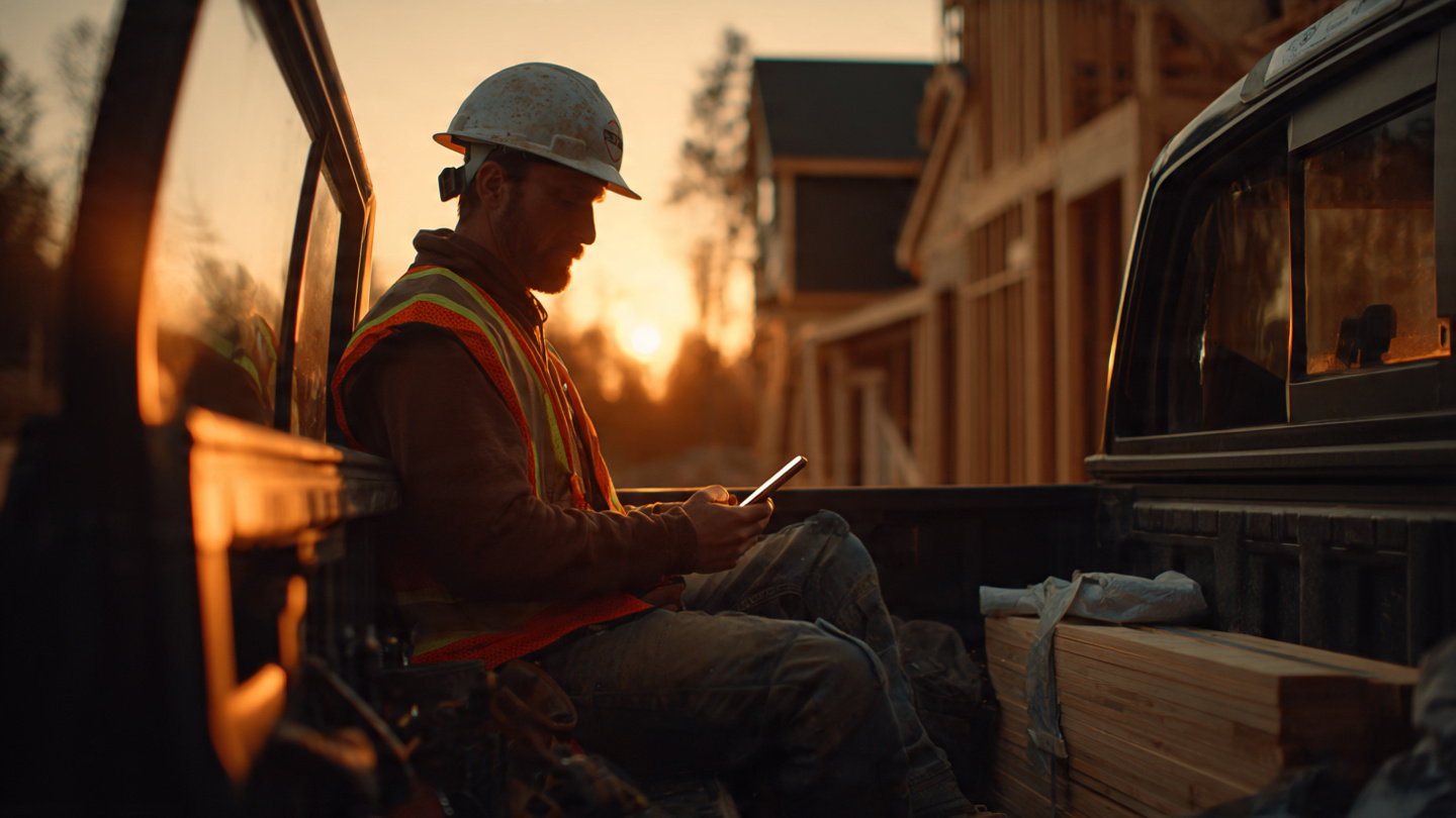 A construction worker in a hard hat and high-vis vest sitting in a pickup truck at dusk, watching an AI tutorial on a phone propped against the steering wheel, tools visible in the truck bed behind him