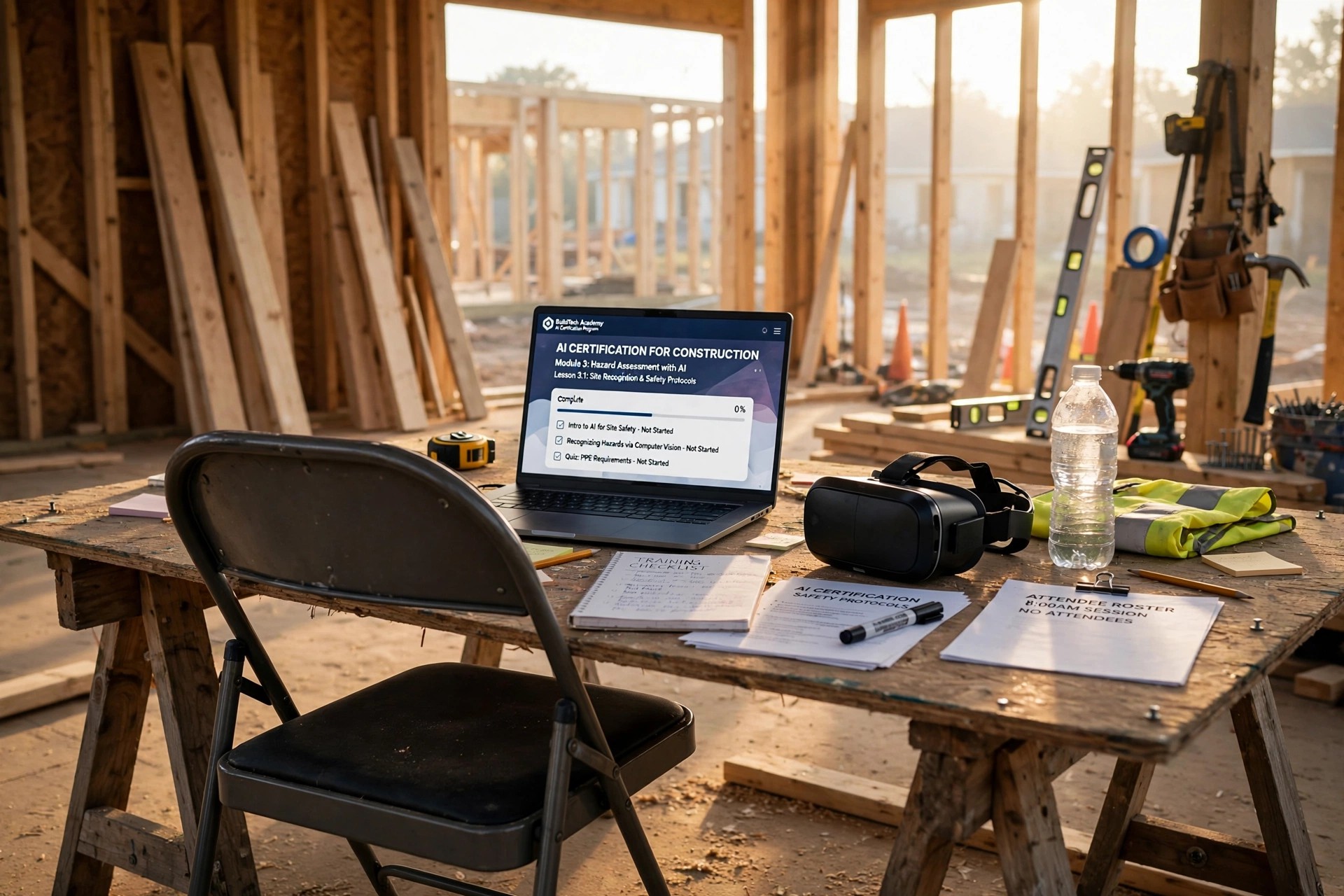 An empty folding chair at a construction training center with VR headsets and AI certification materials on the desk, residential framing tools leaning against the wall unused