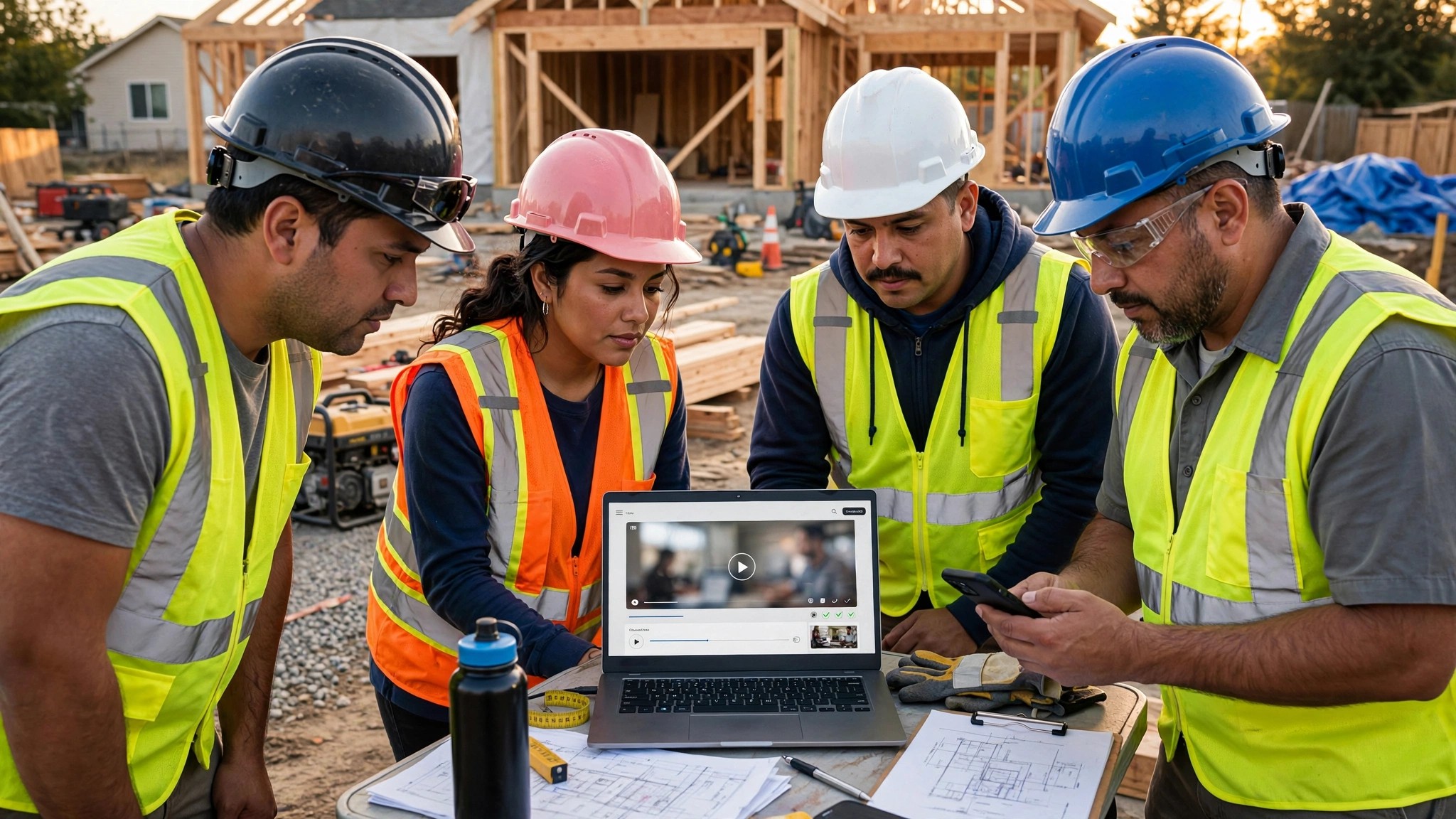 Construction workers reviewing training materials on a jobsite