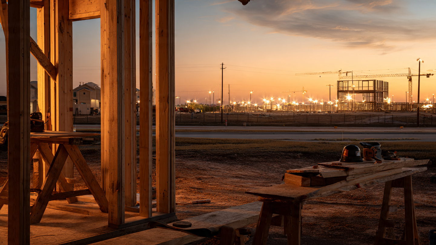 An empty residential construction site with no workers, while a data center project glows with activity in the background