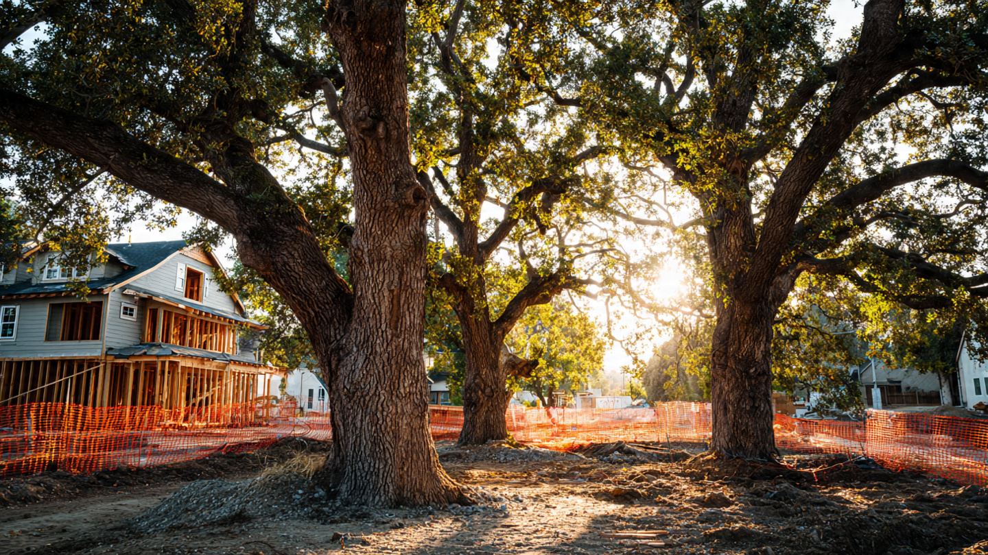 Mature oak trees standing on a residential construction lot with orange root protection barriers around their trunks, a partially framed house visible behind them in warm afternoon light