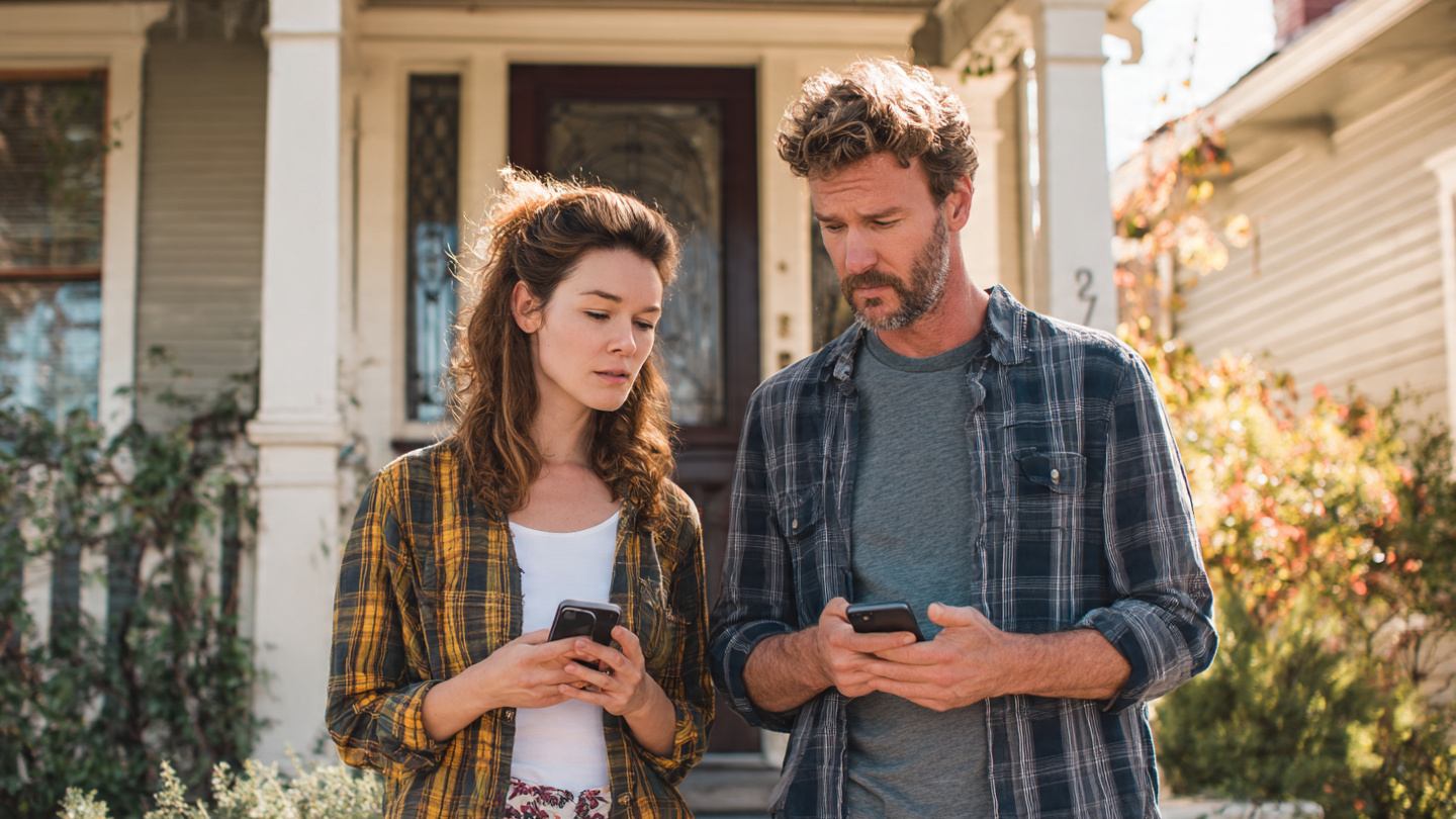 A couple looking at their phones with skeptical expressions standing outside a house that looks different from the listing photo on screen