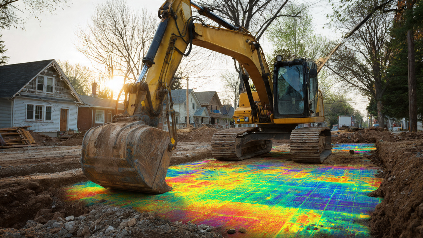 An excavator bucket digging near exposed utility pipes on a residential construction site with radar visualization overlay