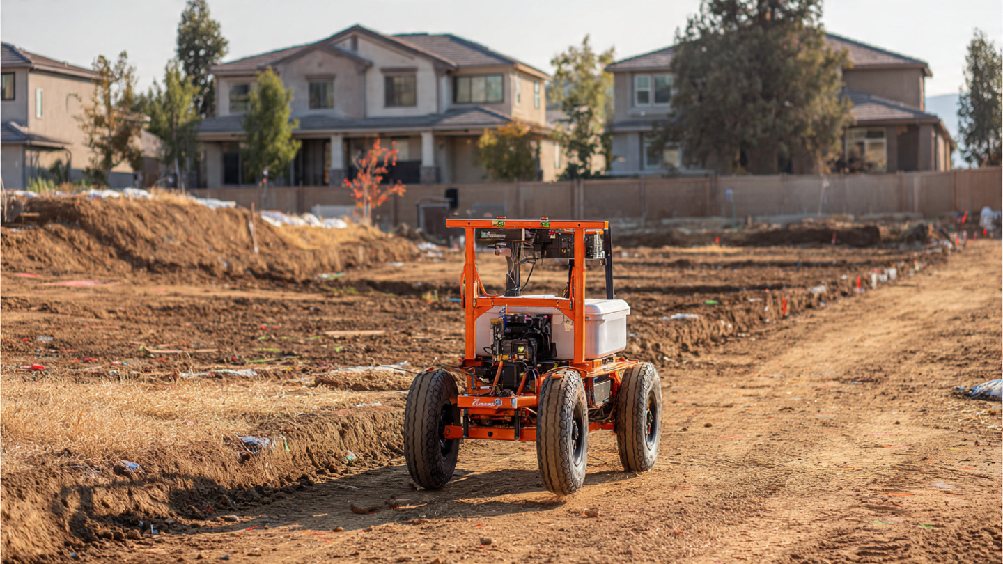 Ground-penetrating radar cart being pushed across a residential construction site with utility markings painted on bare earth