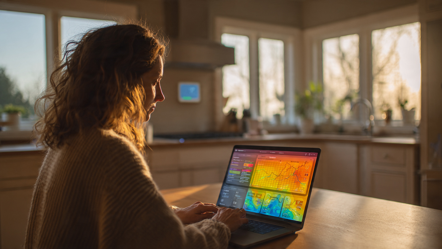 A homeowner sitting at a kitchen table looking at a laptop screen showing a colorful home energy performance dashboard with heat maps and efficiency ratings, morning light streaming through windows, a smart thermostat visible on the wall behind them
