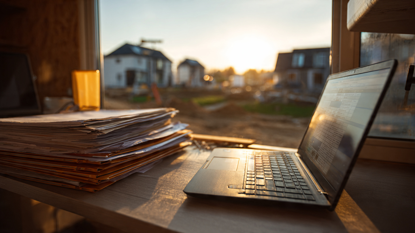 A project manager reviewing a spreadsheet on a laptop at a construction site trailer desk, with warranty claim folders stacked beside the computer and a half-built house visible through the window