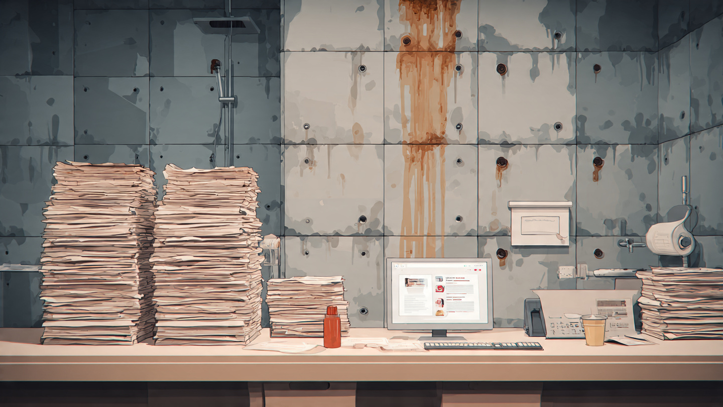 A builder's warranty department office with stacks of complaint forms and a computer screen showing AI autocomplete suggestions for apology emails. In the background, a small water leak behind a shower wall with dark stains climbing studs
