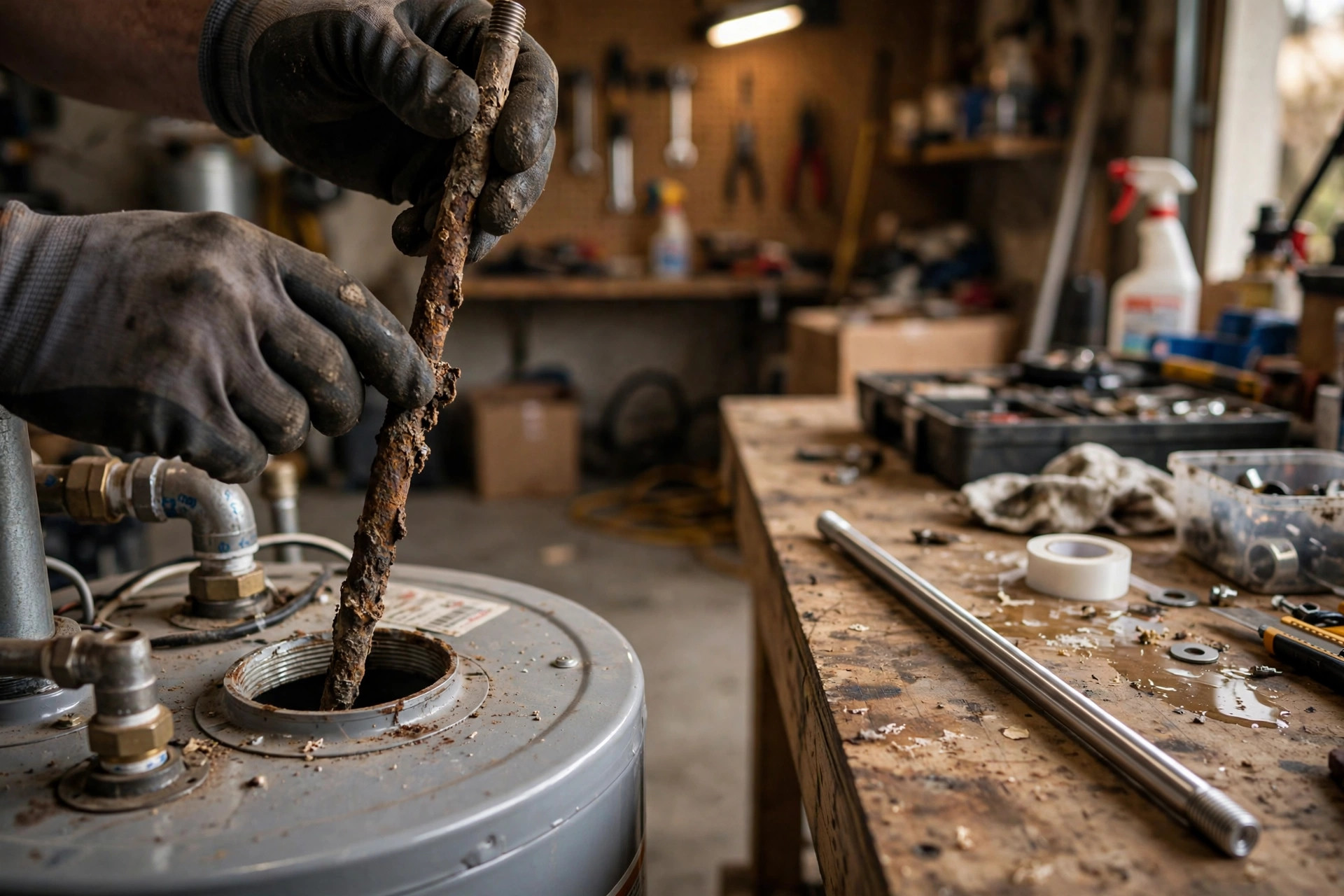 A plumber pulls a corroded sacrificial anode rod from the top of a residential water heater while a new magnesium rod waits on the workbench