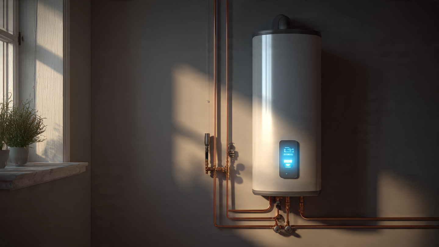 A heat pump water heater in a new-construction utility room with a digital display showing time-of-use rate data
