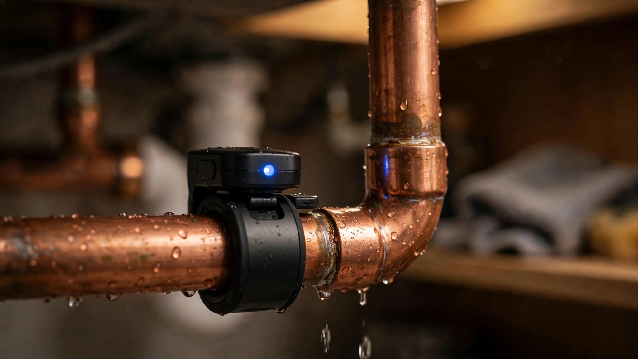A smart water monitoring sensor clamped to residential copper plumbing, LED indicator glowing blue in warm utility room lighting
