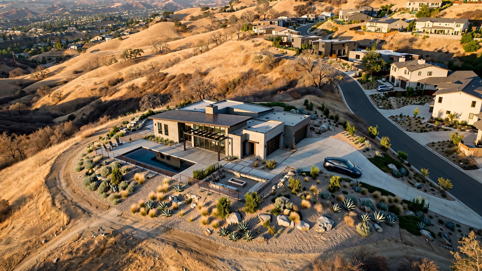 A modern California home with ember-resistant landscaping surrounded by dry hillside vegetation, viewed from above as through a risk-assessment overlay