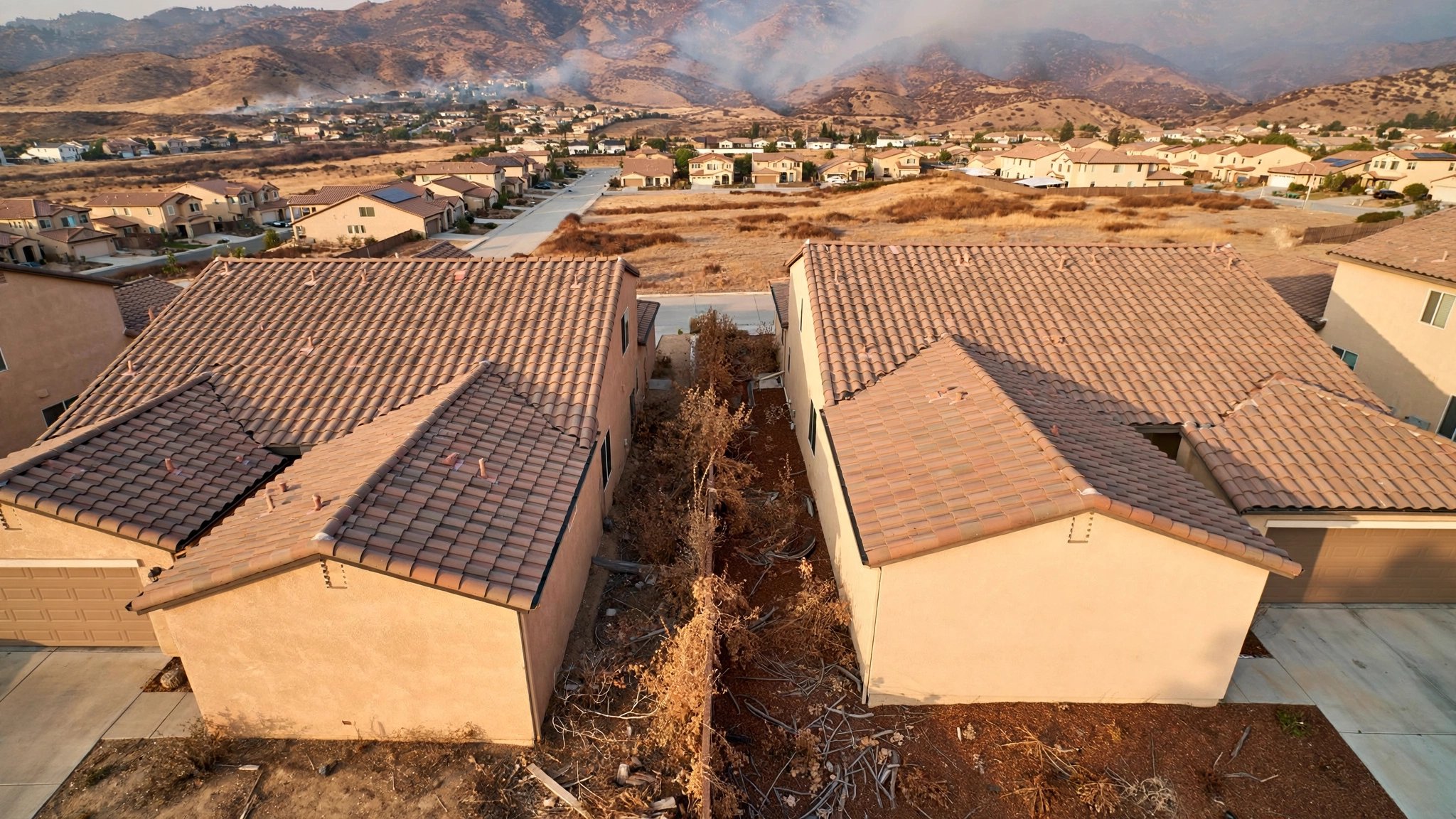 Aerial view of a California neighborhood showing the narrow gap between two houses with dry vegetation, wildfire smoke visible on the distant hillside