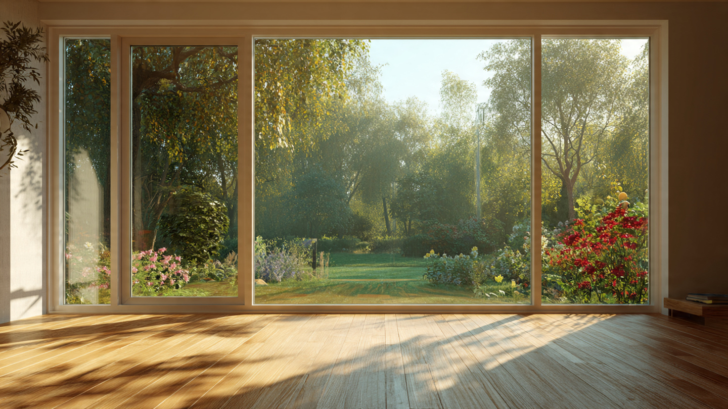 A modern residential living room with floor-to-ceiling windows on one wall, warm afternoon sunlight streaming across a reading chair, with a lush garden visible outside through the glass