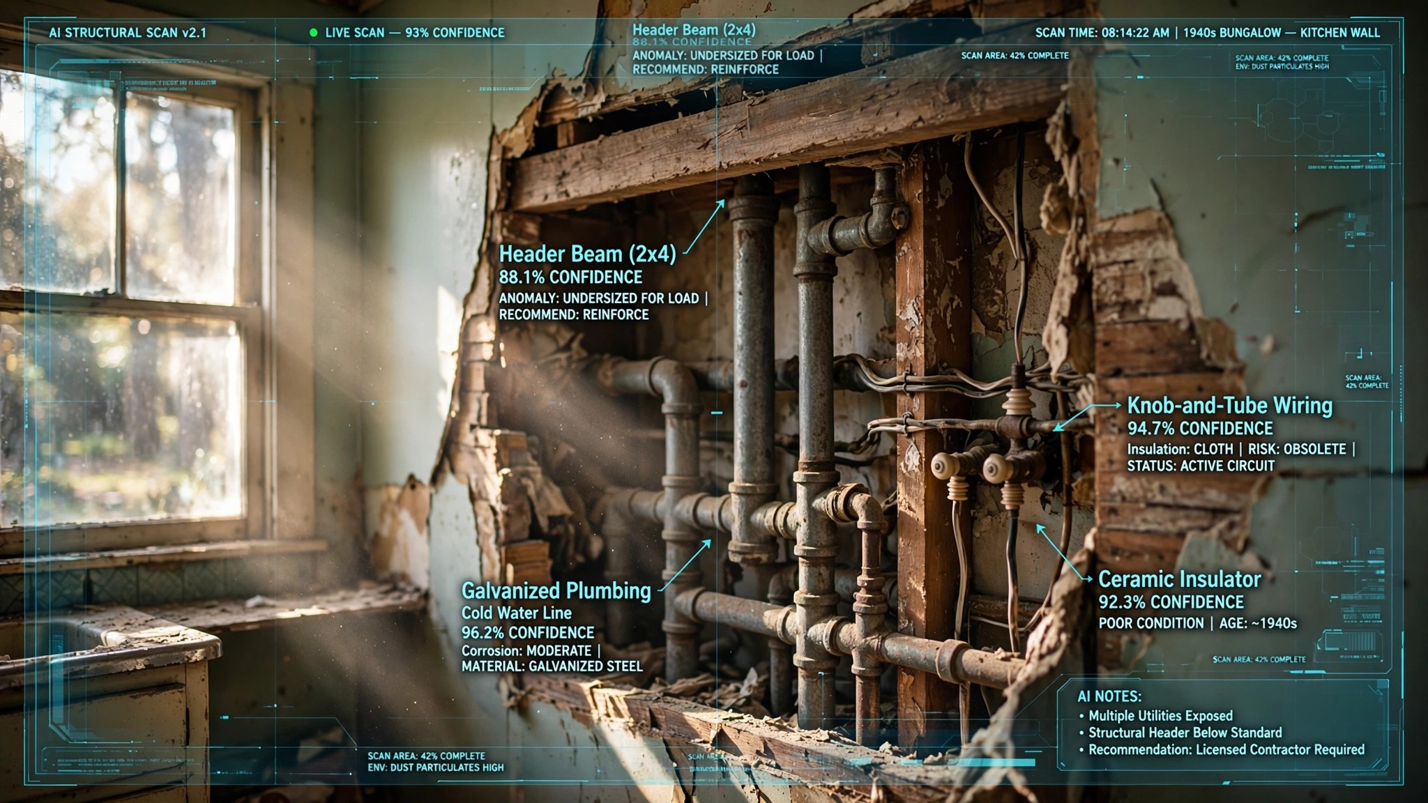 A partially demolished kitchen wall revealing old galvanized plumbing, knob-and-tube wiring, and a non-code-compliant beam, with translucent AI overlay graphics identifying each element.
