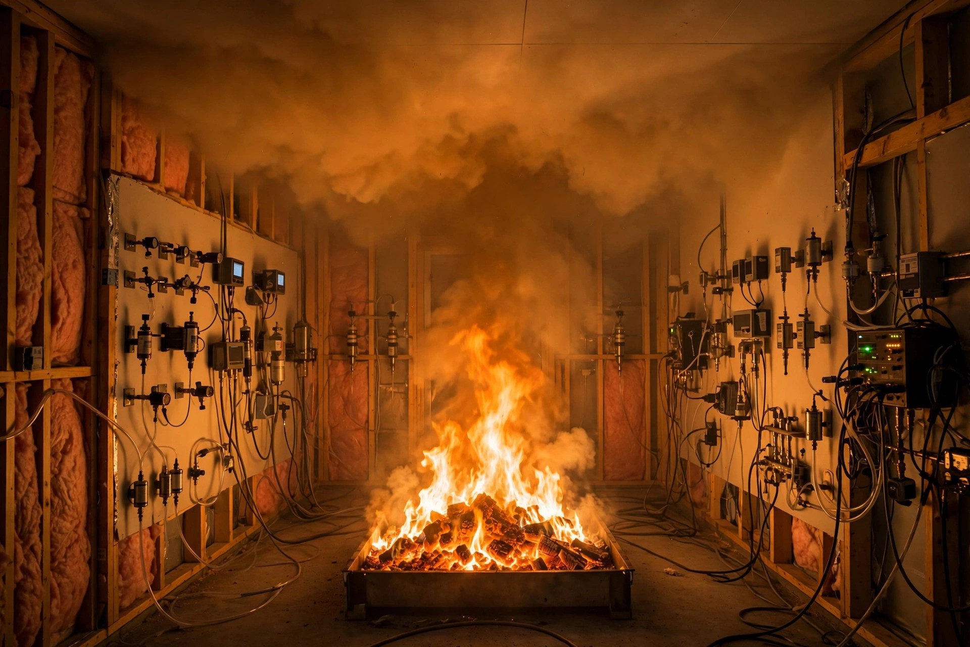 A controlled fire burning inside a sealed research structure, dense smoke pooling against the ceiling while sensor arrays line the walls measuring temperature and gas composition