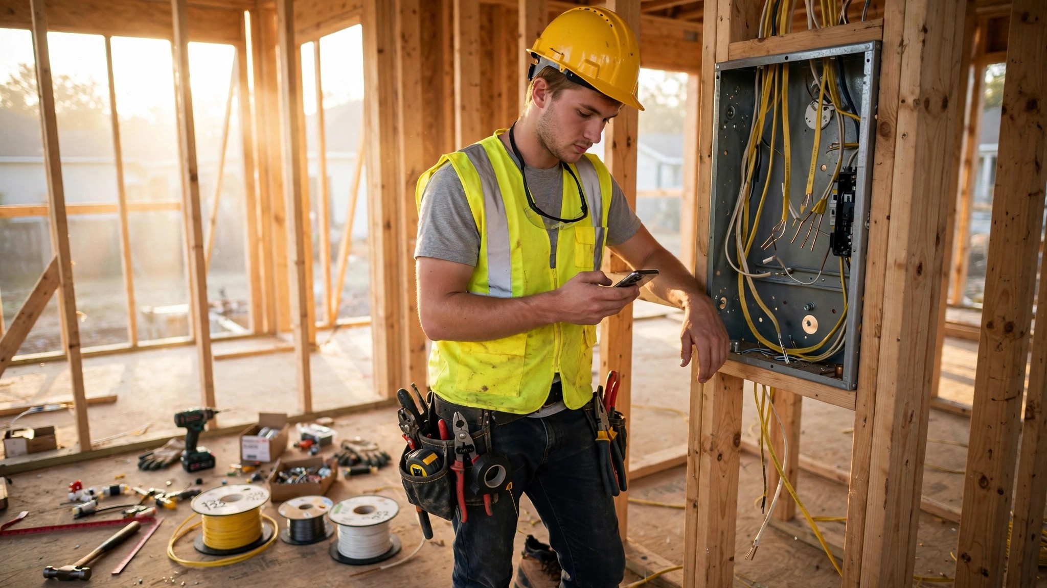 Young electrician apprentice on a residential construction site holding a phone while looking at an open electrical panel with exposed wiring