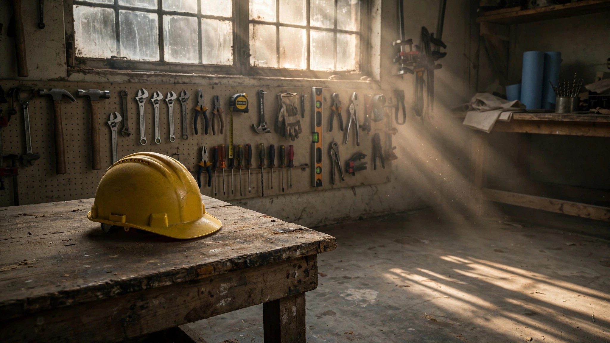 An empty hard hat sitting on a workbench in a quiet training workshop, tools organized on pegboard behind it, morning light casting long shadows across the concrete floor