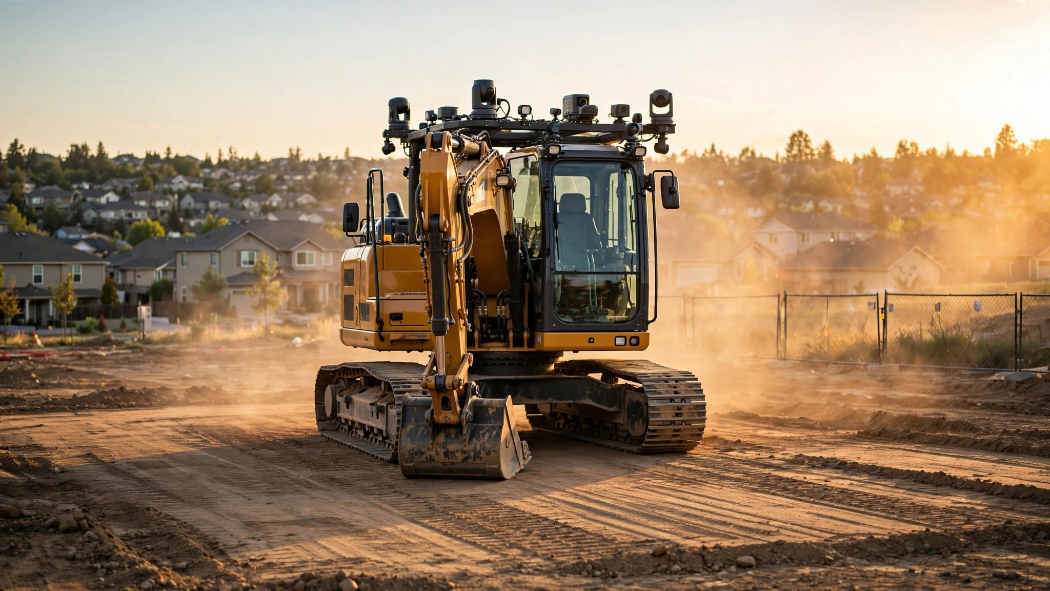 An autonomous excavator loading a dump truck on a dusty construction site at dawn, sensor arrays visible on the cab roof
