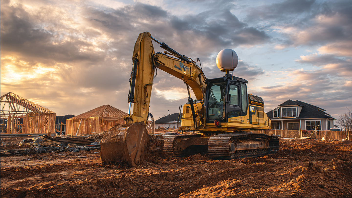 A yellow excavator working alone on a residential grading site with sensor equipment on the cab