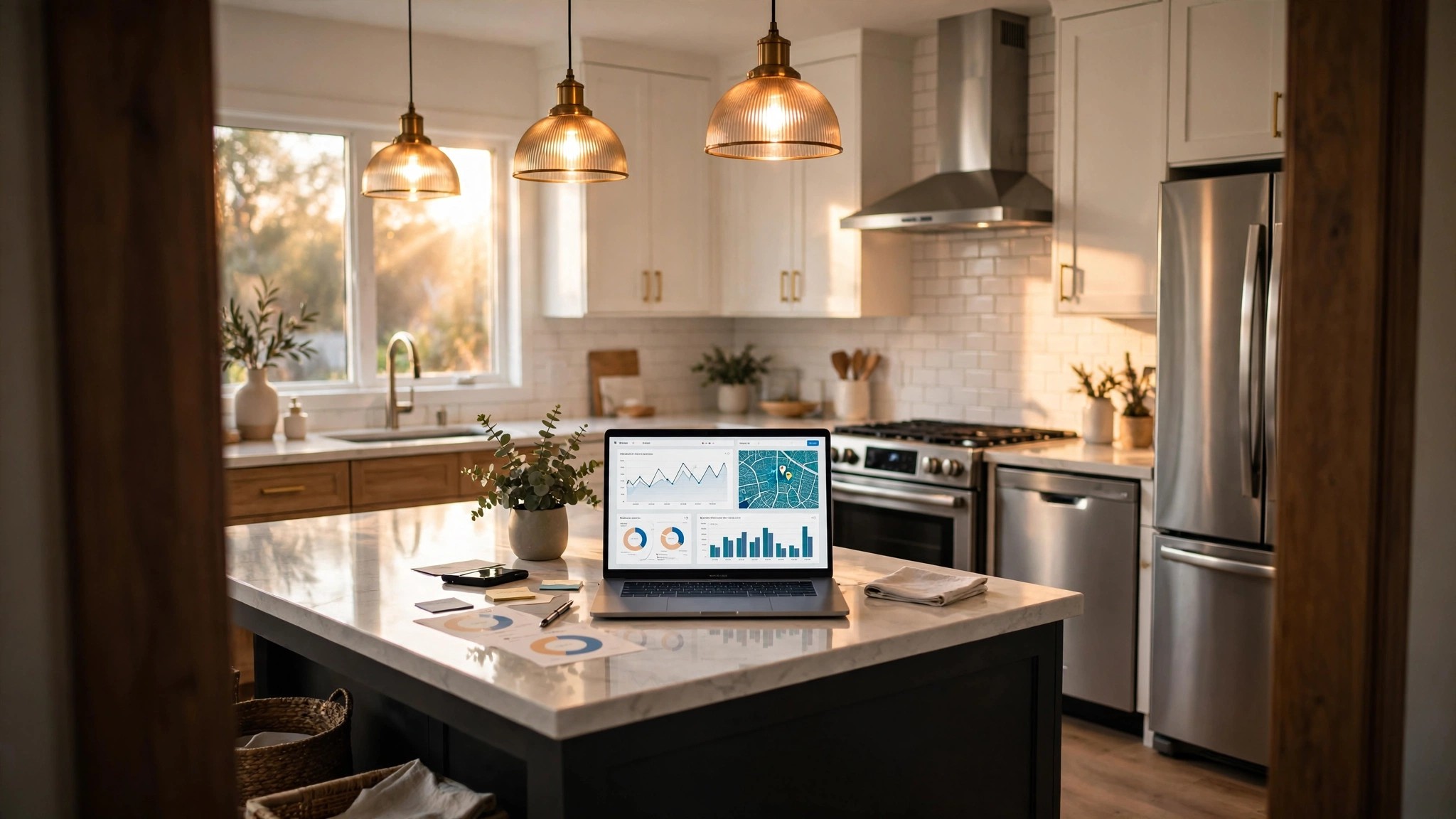 A modern renovated kitchen with new quartz countertops and stainless steel appliances, viewed through a laptop screen showing a home valuation algorithm interface