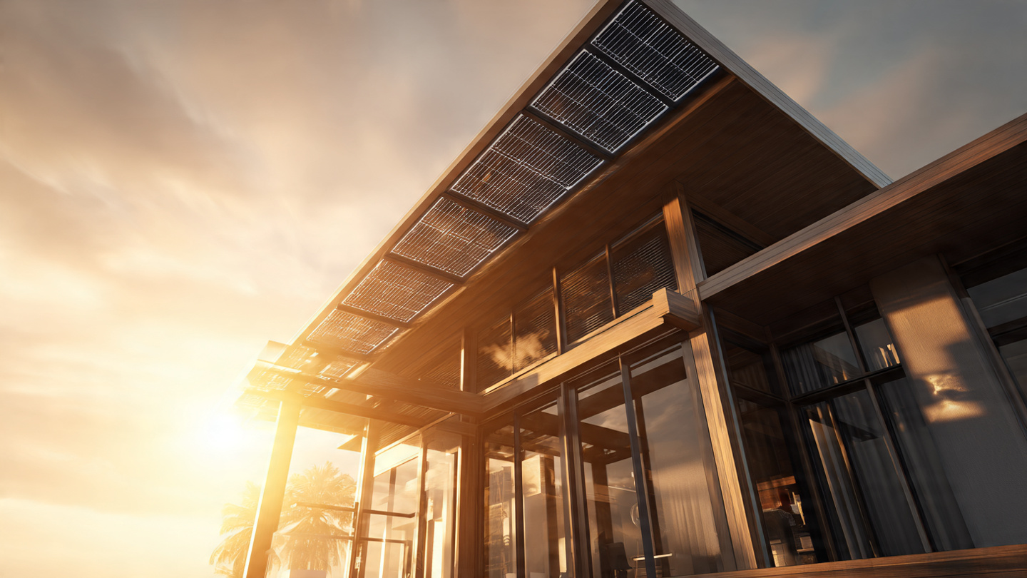 A modern energy-efficient home with rooftop solar panels and a digital valuation overlay showing a dollar sign fading to zero, warm afternoon light