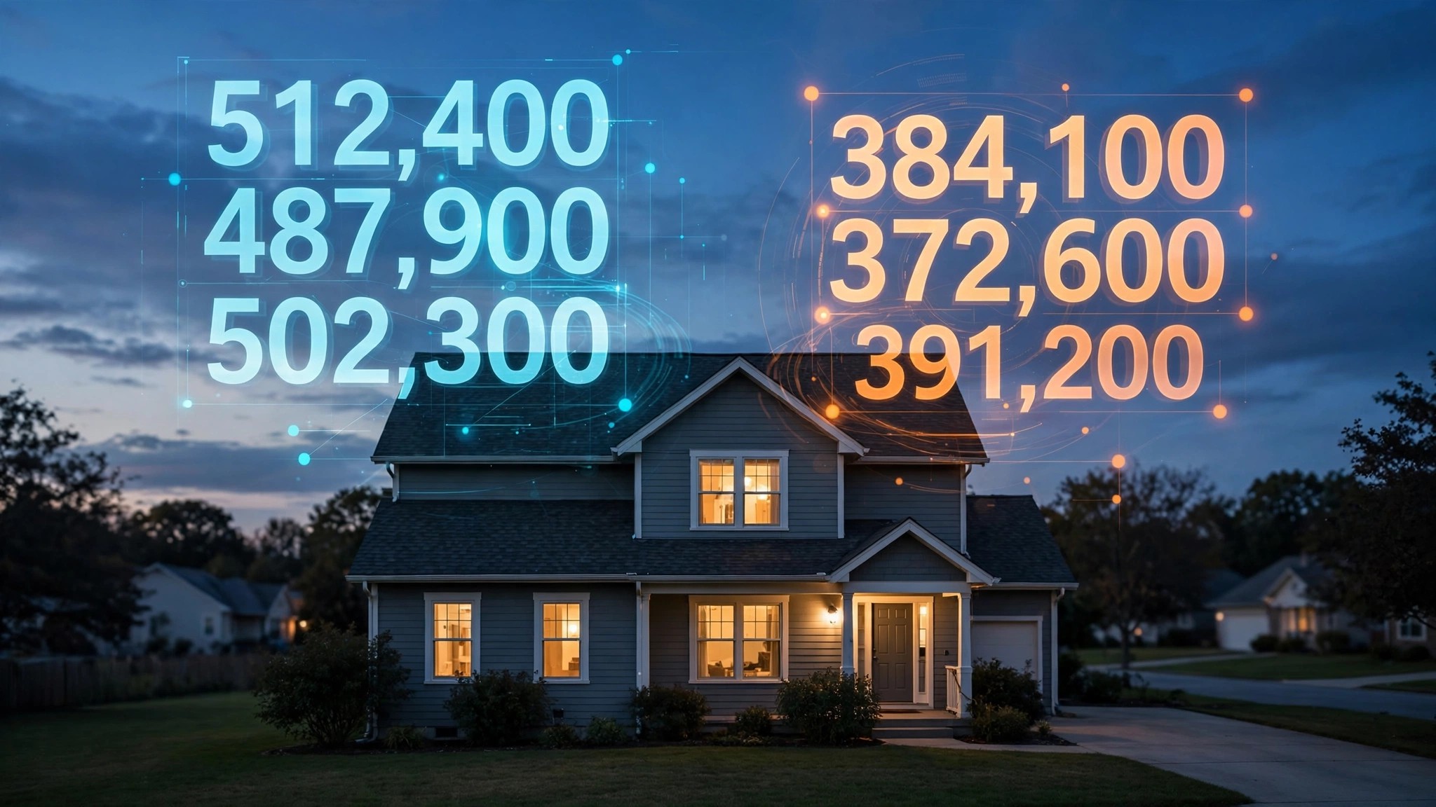 A suburban home with overlaid data visualization showing divergent algorithmic valuations