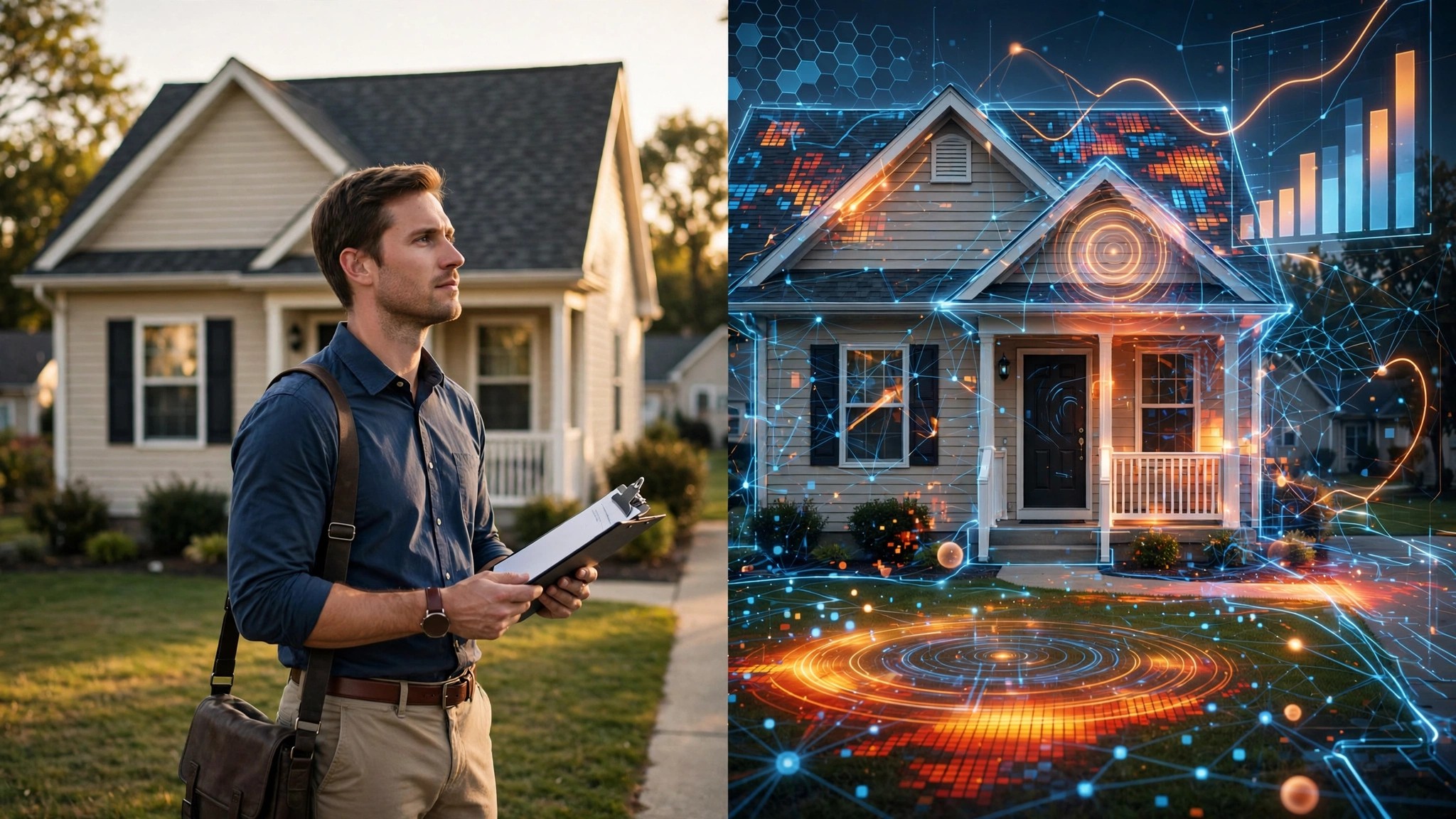 A split-screen view of a suburban home: one side shows a human appraiser with a clipboard looking at the exterior, the other shows abstract data visualization with property values and heat maps