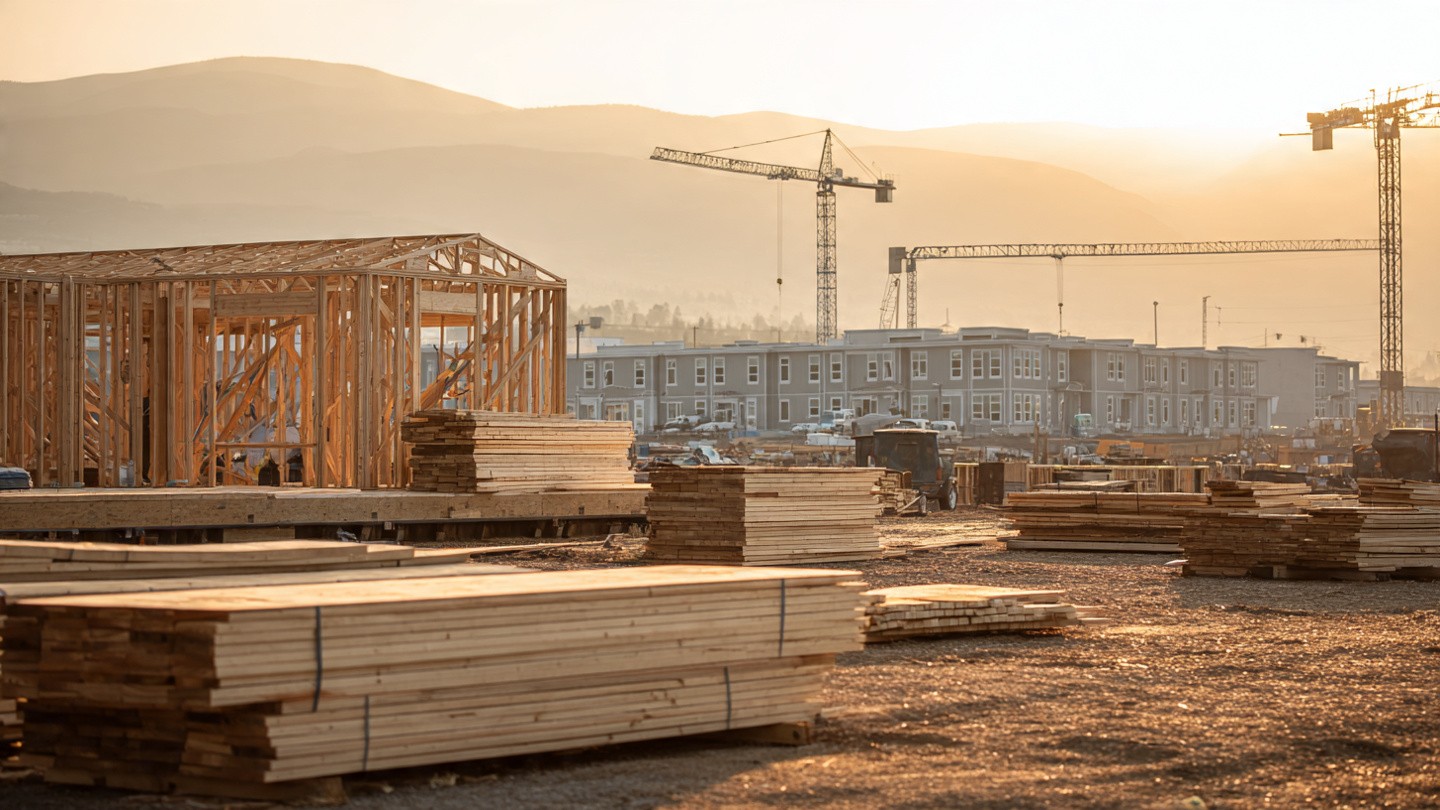 An empty residential construction site with exposed framing, a data center campus visible in the background haze