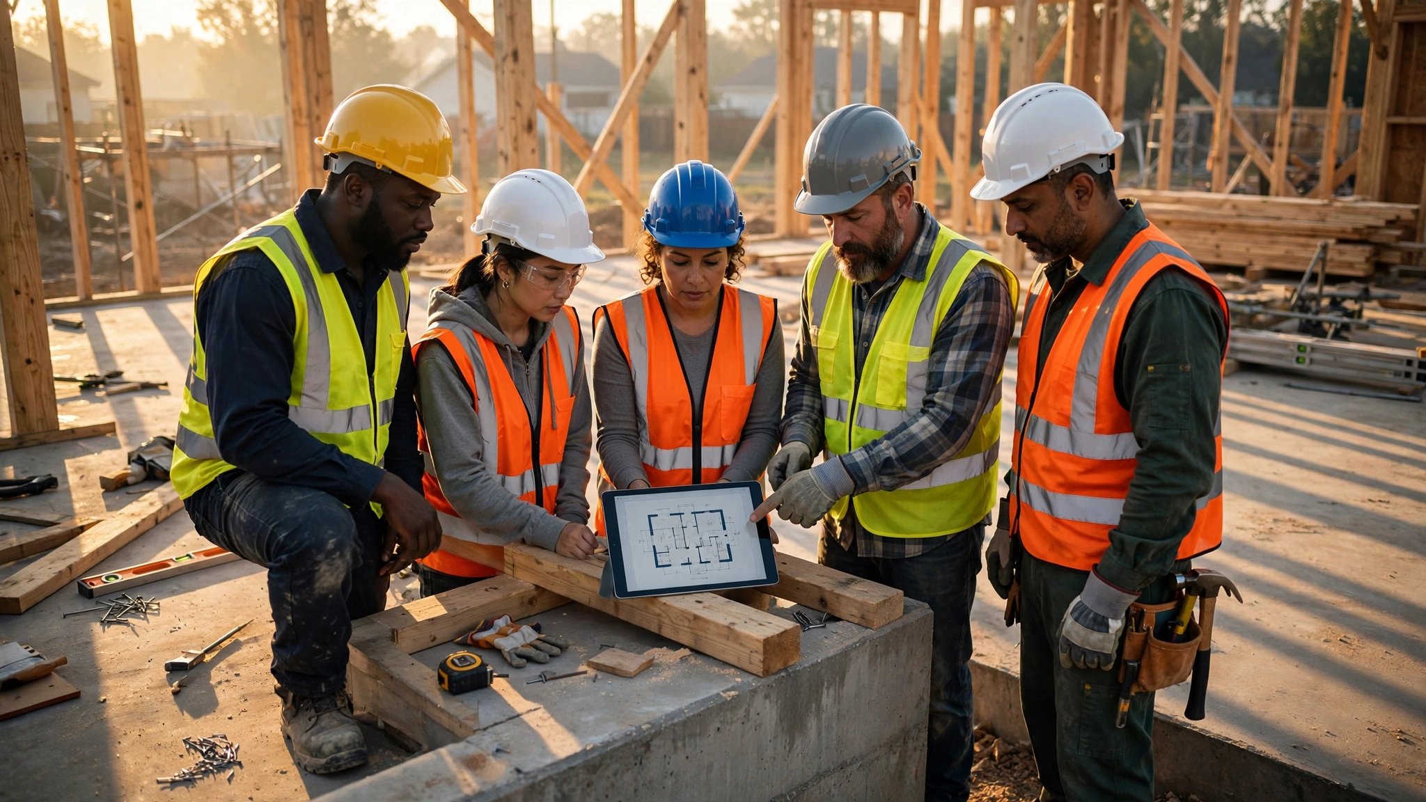 A diverse group of construction workers in hard hats and high-vis vests gathered around a tablet on a residential framing site, morning light casting long shadows across raw lumber and concrete foundation