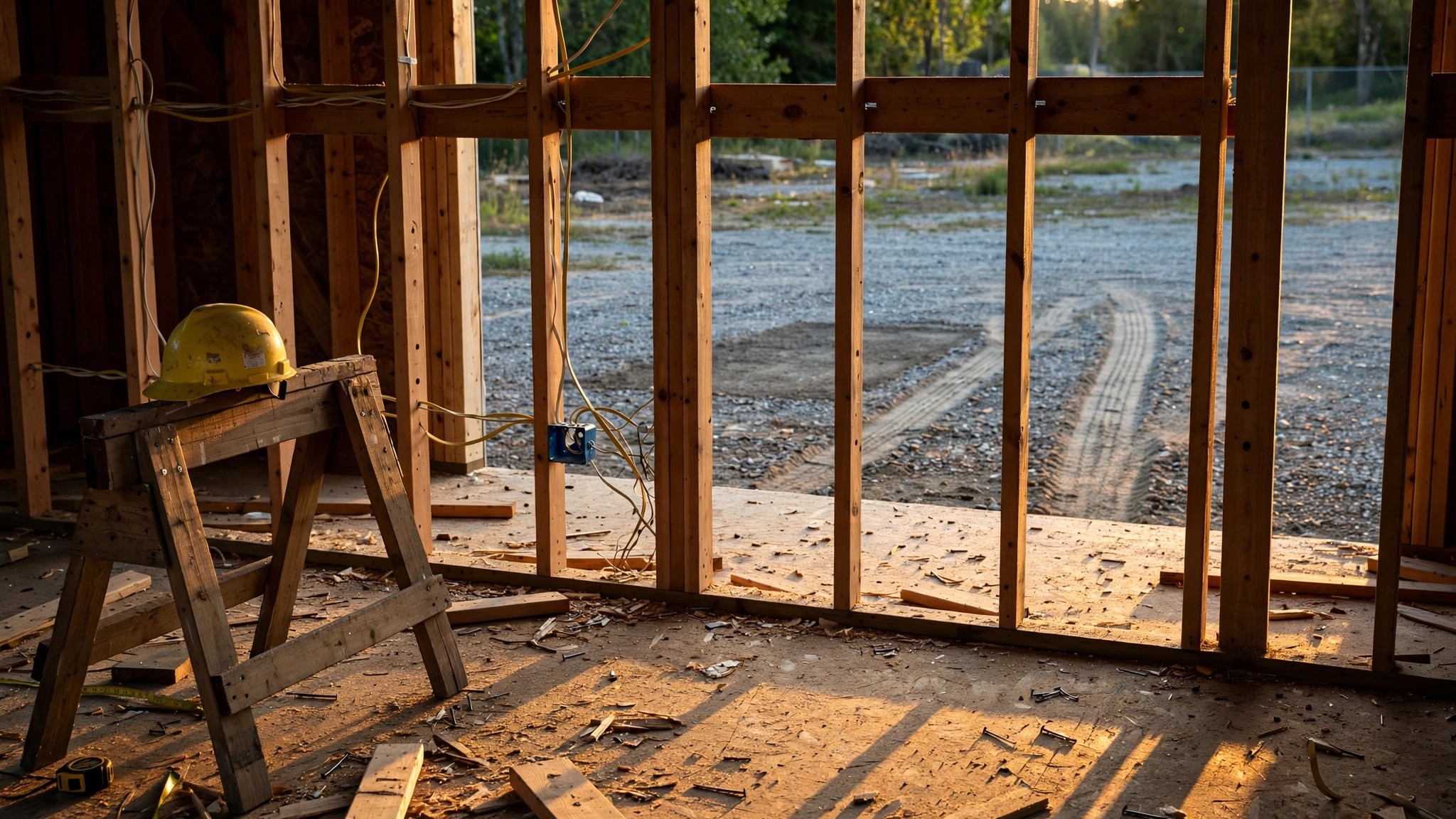An unfinished residential construction site with exposed electrical wiring in the walls, a hard hat left on a sawhorse, and an empty parking spot where a work truck used to be, late afternoon light casting long shadows across raw framing lumber