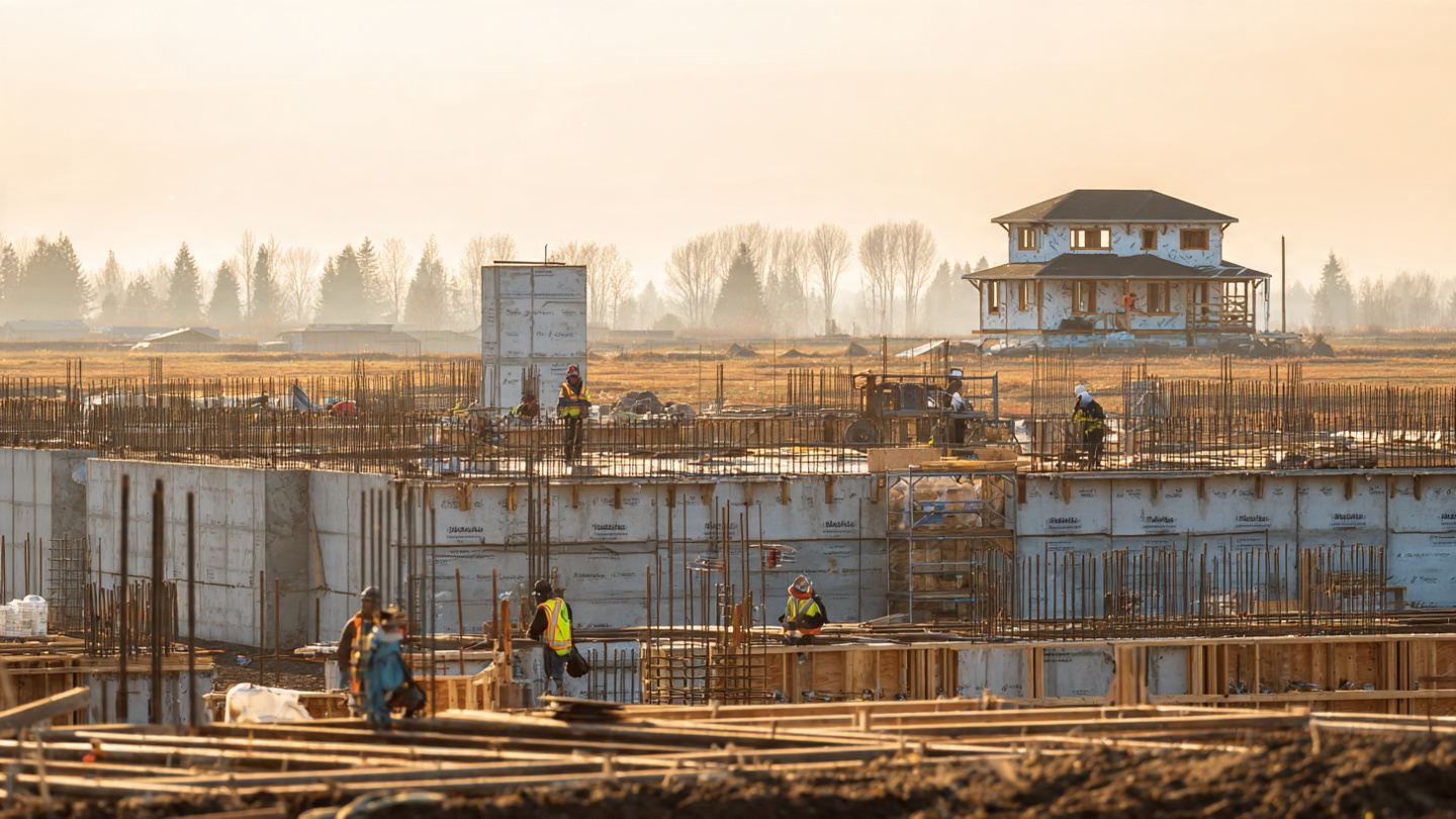 Construction workers in hard hats at a data center job site