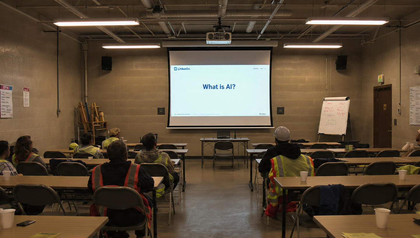 A union training hall classroom with rows of folding chairs, a projection screen showing a LinkedIn Learning interface, hard hats and safety vests draped over chair backs, fluorescent lighting overhead